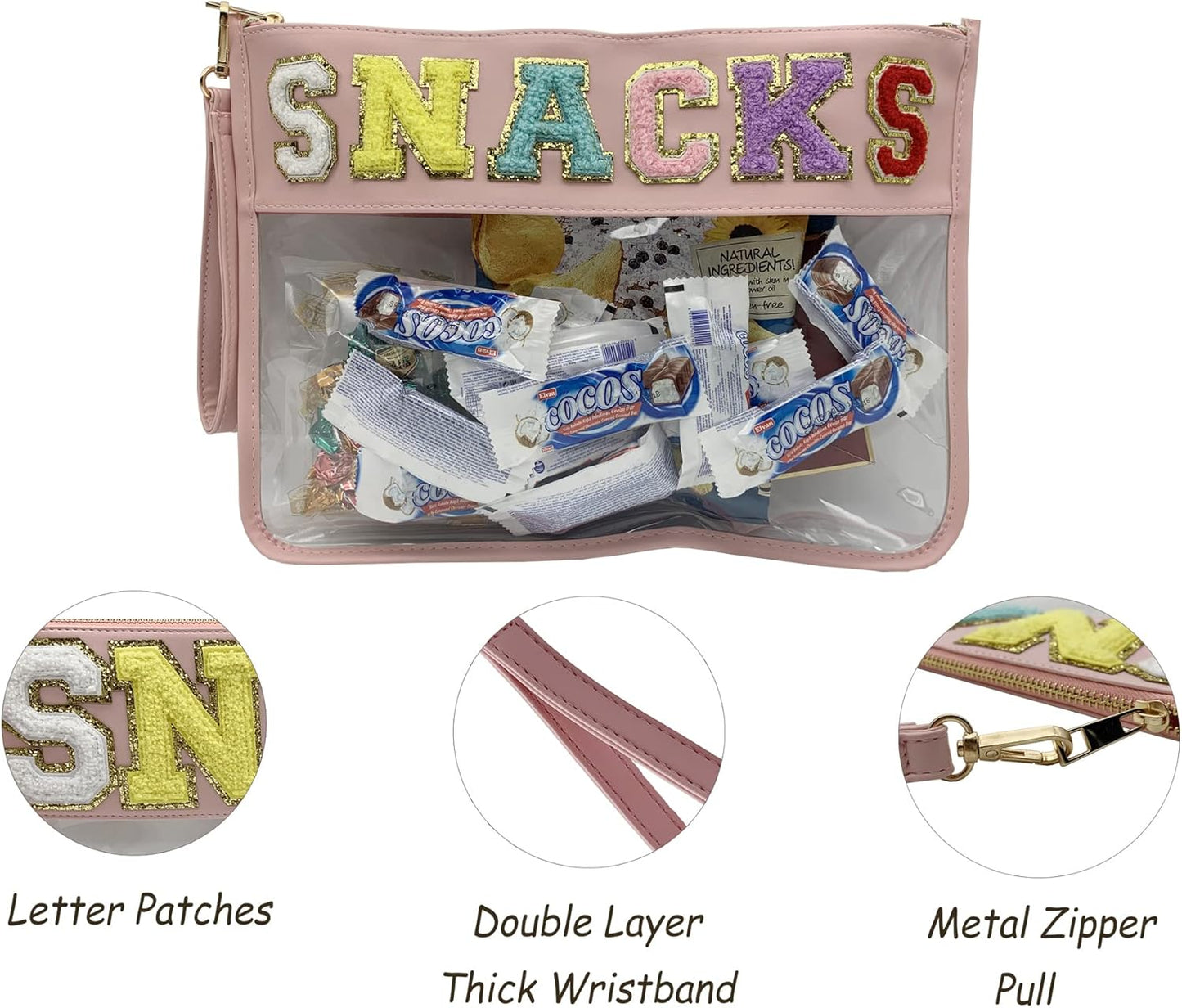 TopTTanBo Chenille Letter Clear Bag Purse Multi-purpose Transparent Waterproof Snacks Makeup Tote Bag with Wrist Strap