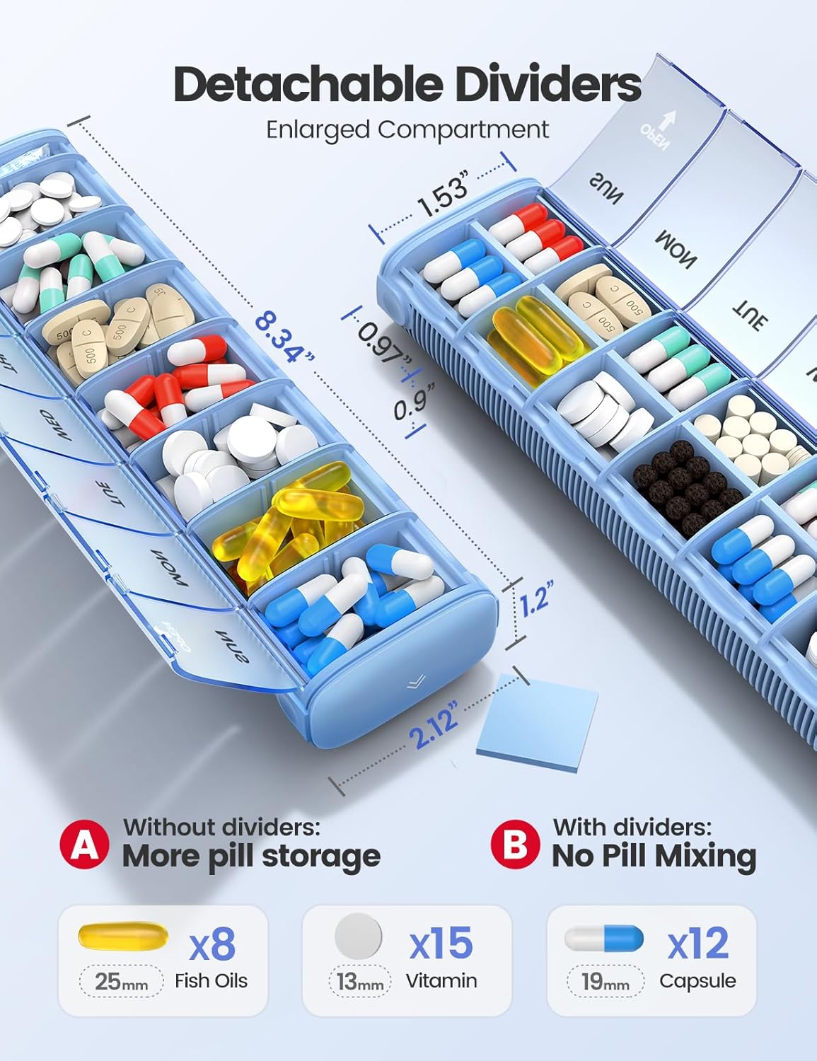 VAYDEER Metal Weekly Pill Organizer – Moisture-Proof Travel Pill Organizer with Built-in Desiccant Chamber and Airtight Lids – Large-Capacity Pill Box for Vitamins, Medicines & Supplements(Silver)