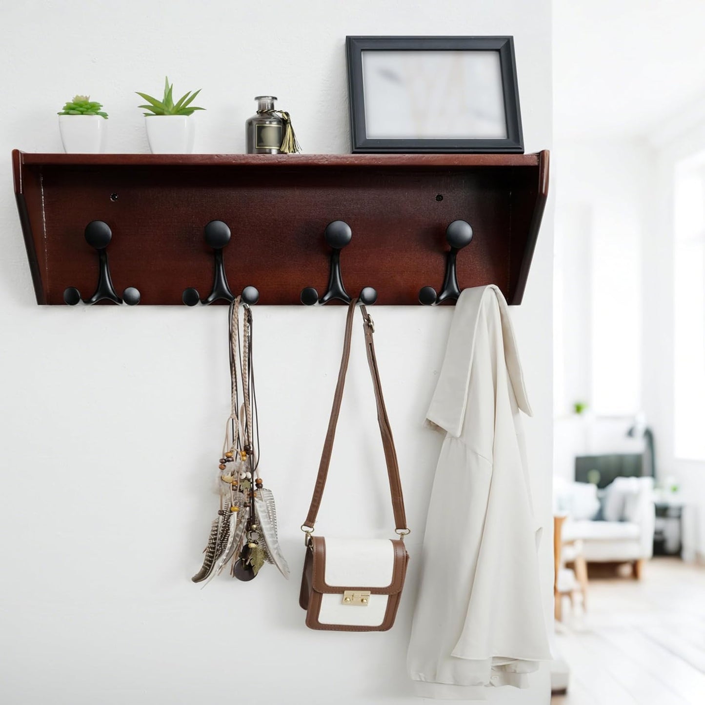 WEBI Wall Shelf with Hooks Underneath,24” Long Wall Mounted Coat Rack with Shelf,Entryway Coat Rack with 4 Triple Hooks for Hanging Coats,Jacket,Hallway,Bedroom,Mudroom,Cherry