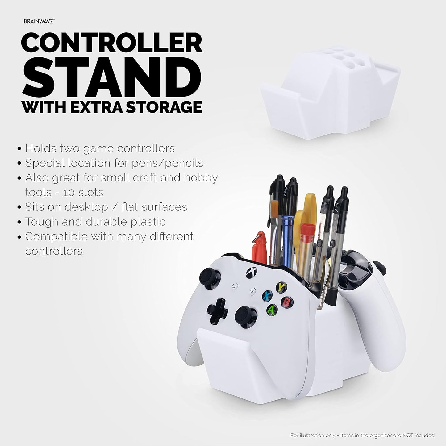 Game Controller Holder & Desktop Pen Organizer Stand With Ten Slots for Pens, Pencils, Stationery, Craft Tools & More - Universal Design for PS5 XBOX SERIES X ONE PS4 SWITCH PC Gamepads - D05 - White