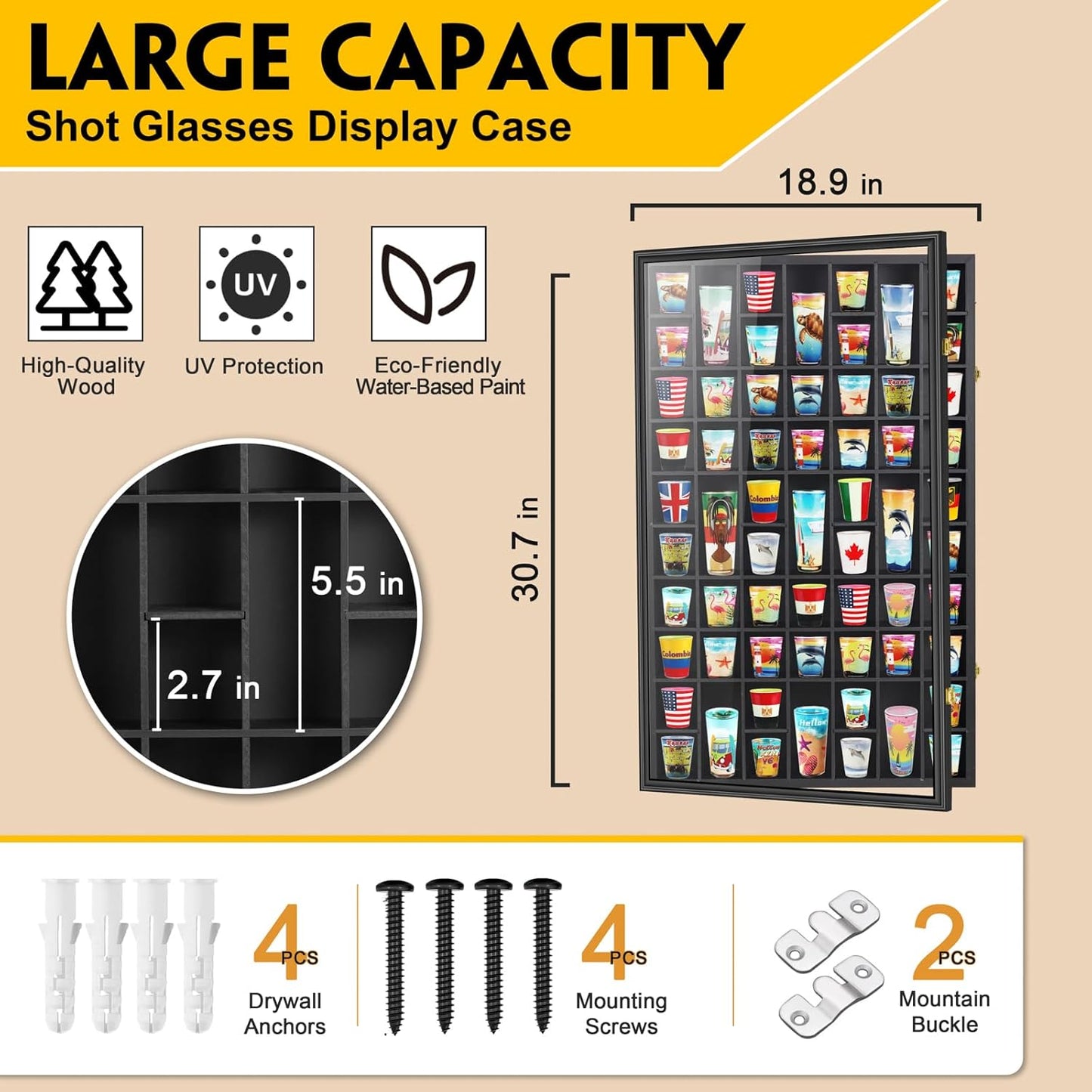 Black Shot Glass Display Case Large 61 Slots Glass Display Holder Wall Mounted Storage Shadow Box with UV Protection Acrylic Glass Door for Room Decor