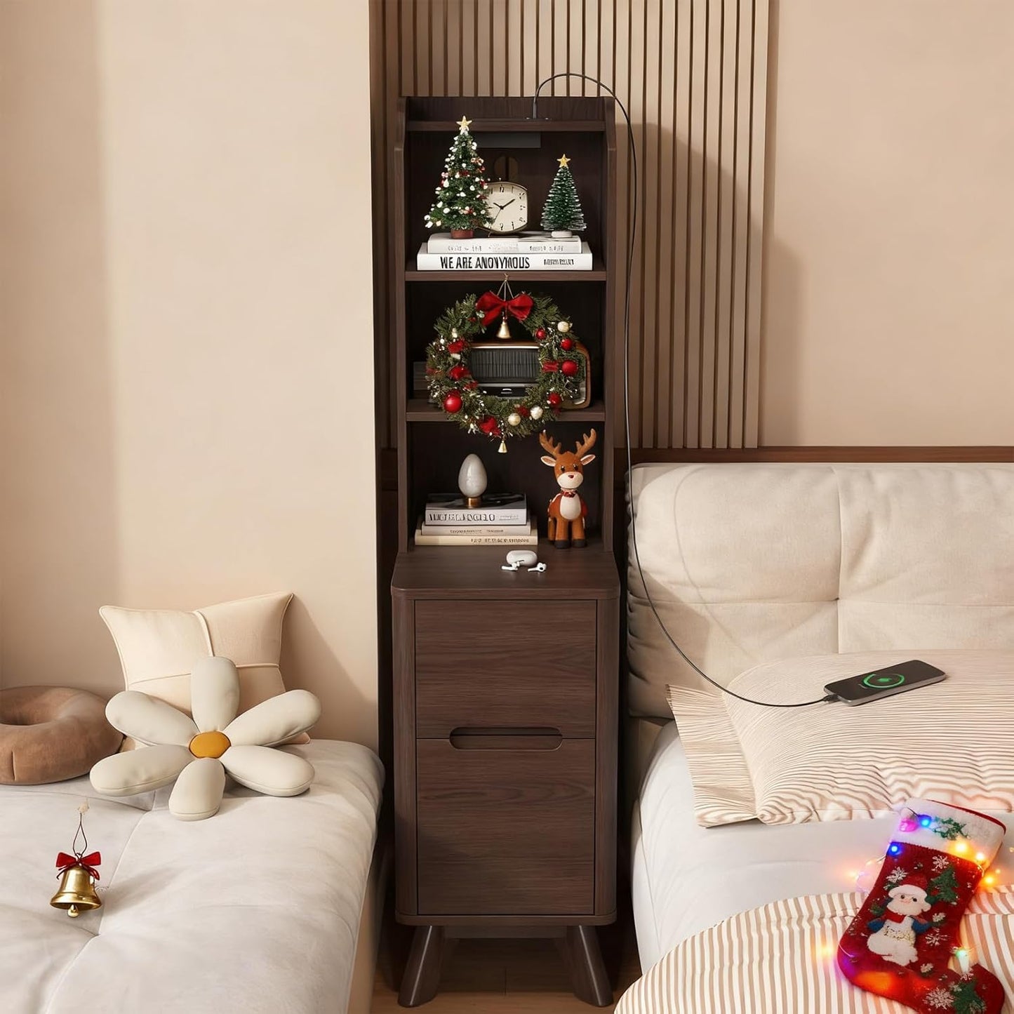 Tall Nightstand with Charging Station, Narrow Side Table with Bookshelf, 47" Tall Free Standing Wooden Night Stand with 2 Drawers and 4 Open-Shelves, Modern End Bedside Table for Bedroom, Brown