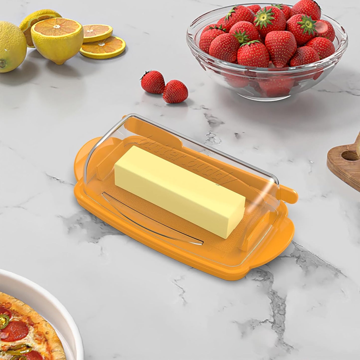 Butter Dishes with Lid for Countertop Refrigerator, Clear Butter Dish Plastic Flip Top Lid Butter Container with Spreader, Non-Slip Bottom Butter Holder Keeper (Transparent Cover Orange)