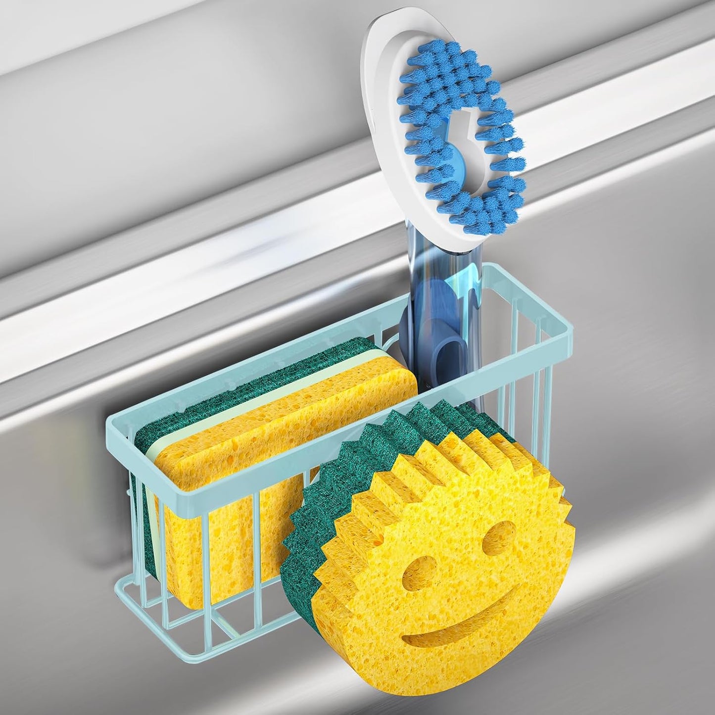 Sponge Holder Smiley Face,Sink Caddy for Kitchen Sink,Sponge Holder with 2 PCS Suction Cups/1 PCS Adhesive Strips,Designed for Sponge,Soap,Dish Brush,Scrubber-Blue