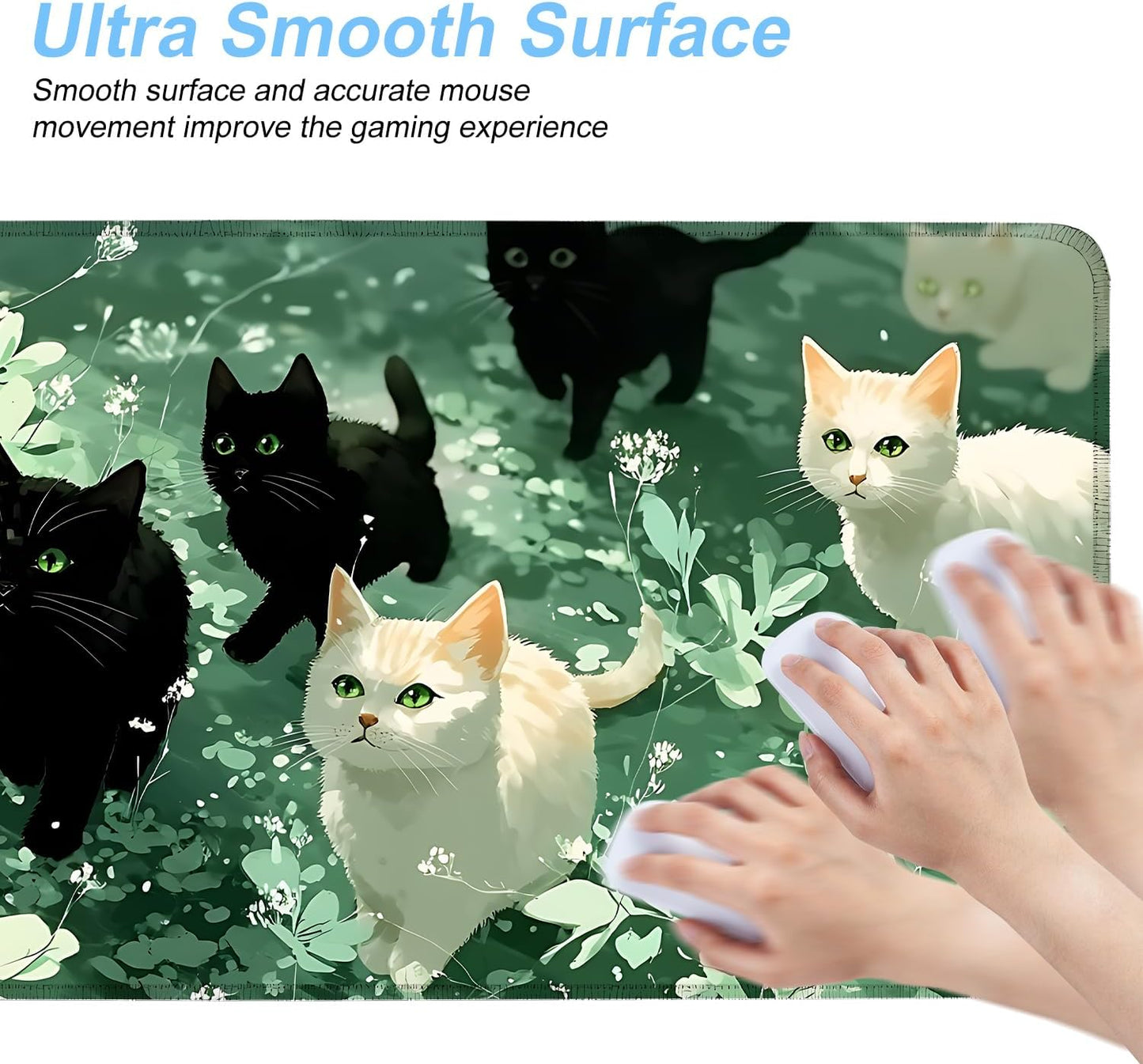 Cute Cat Mouse Pad Large Gaming Desk Mat - Kawaii Black and White Cats in Green Forest, Extended XL Mousepad with Non-Slip Rubber Base for Office, Home, PC, Laptop