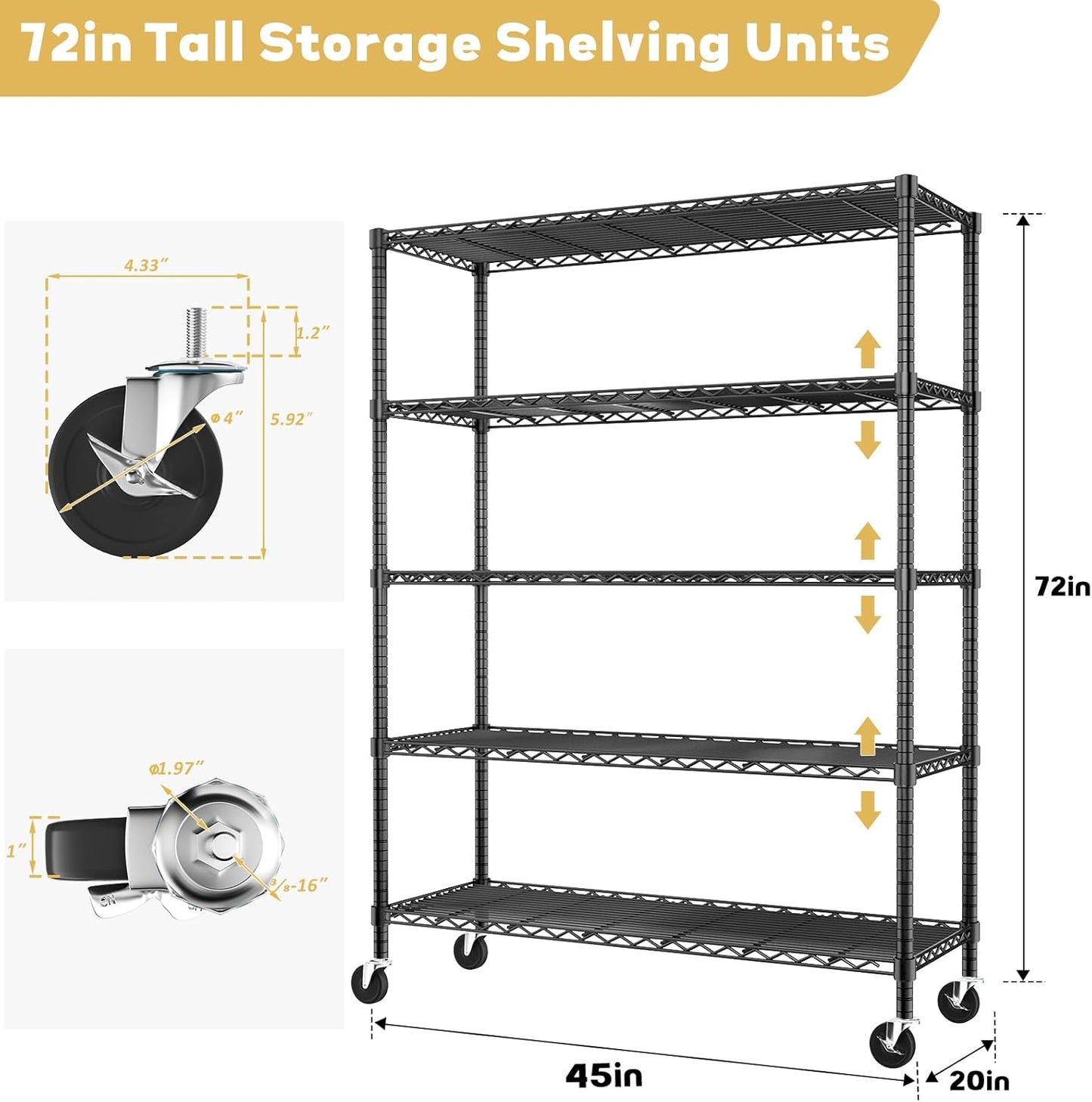 Storage Shelves Heavy Duty with Wheels,45"W x 20"D x 72"H Garage Wire Shelving Unit Loads 2000LBS,5-tier Adjustable Metal Industrial Utility Shelf Rack for Kitchen,Laundry,Pantry,Warehouse,Basement
