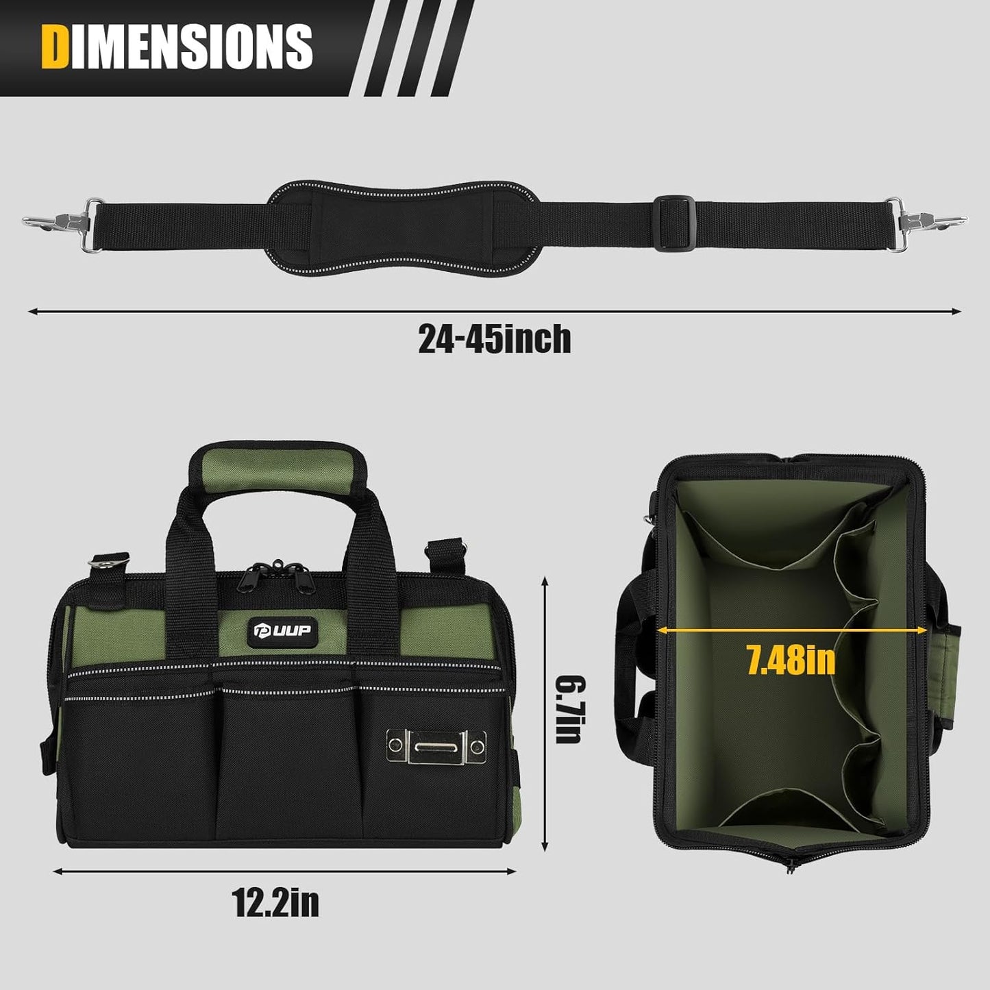 12-Inch Mini Small Tool Bag, 15-Pocket Portable Tool Box Organizer Storage, Heavy Duty Tactical Carrying Tote, Home Toolbag with Large Zipper, Father Day Dad Men Engineer Electrician Gift, Green