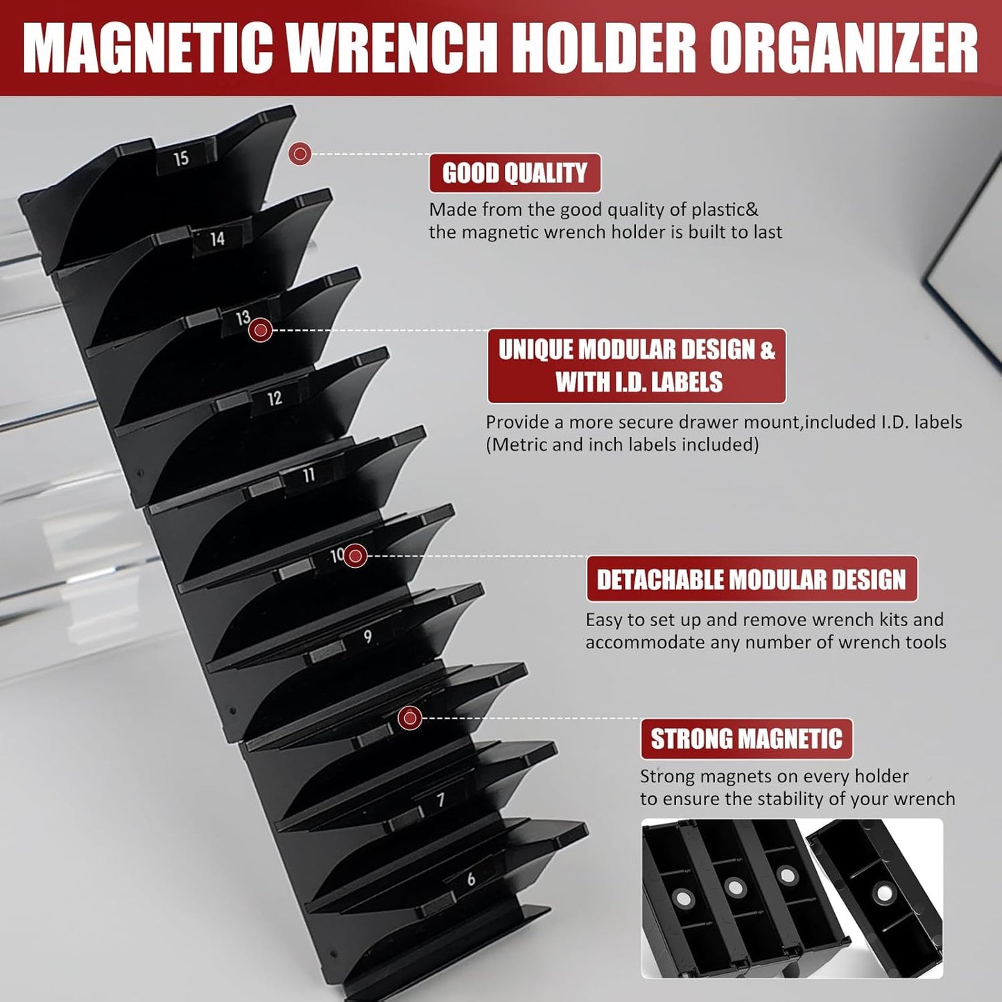60PCS Magnetic Modular Wrench Organizer Wrench Holder - Wrenchs Tool Organizers for Tool Drawer Storage, Wrenchs Rack with Metric SAE Labels, Tool Storage Set Holder Festival for Mechanics