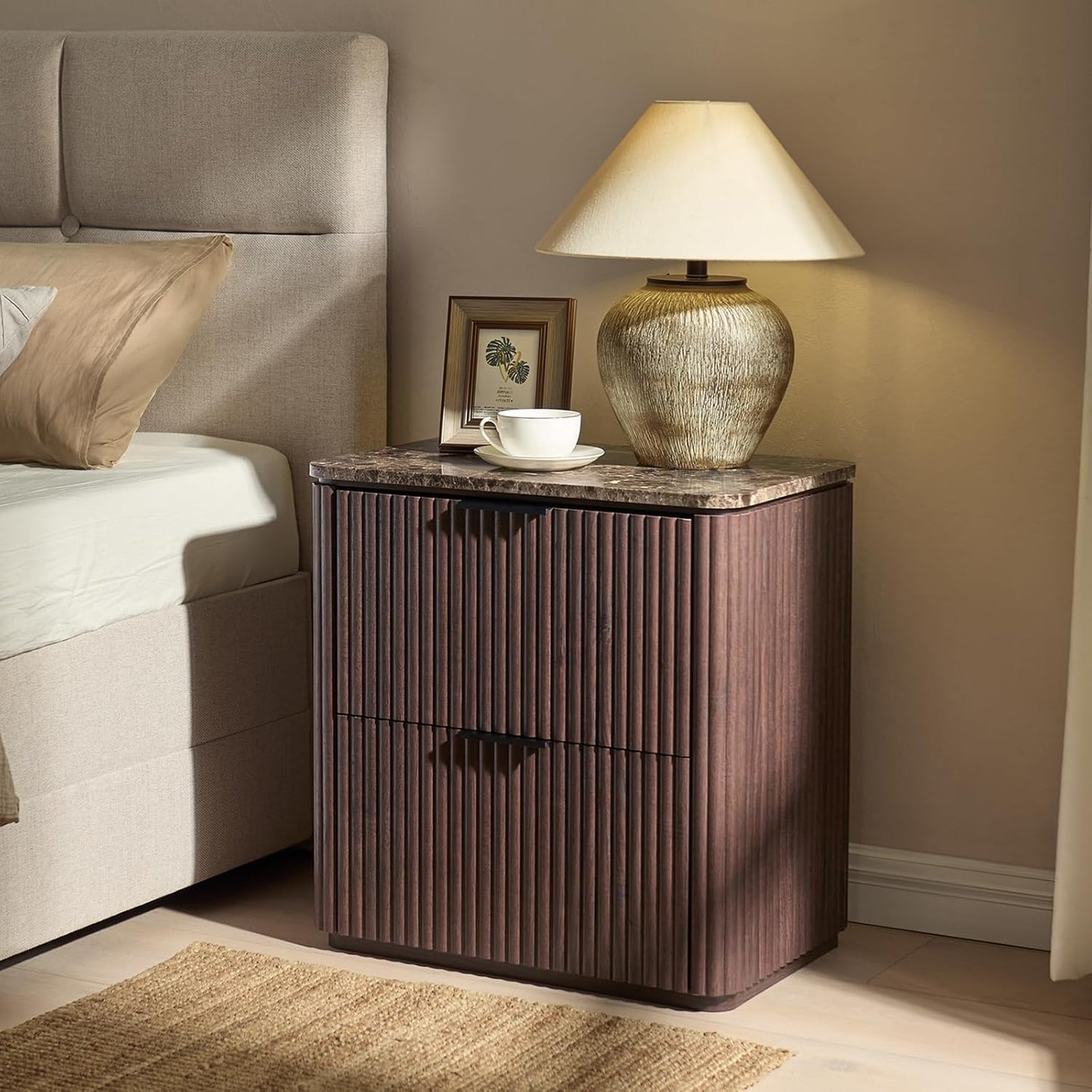 Fluted Nightstand with 2 Drawers, Bedside Table with Faux Marble-Top, Engineered Wood End Table with Curved Corners, Metal Handle, Modern Night Stand for Bedroom, Small Spaces, Dark Oak