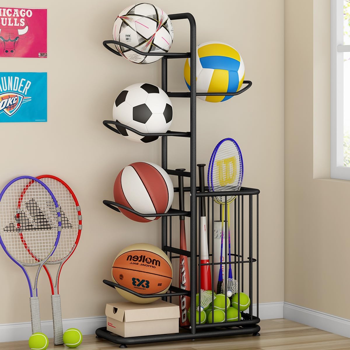 Sports Ball Storage Rack | Adjustable Vertical Stand for Basketball, Soccer, Volleyball & More | Durable Steel Organizer for Garage |5-Ball |45.7 inches, black