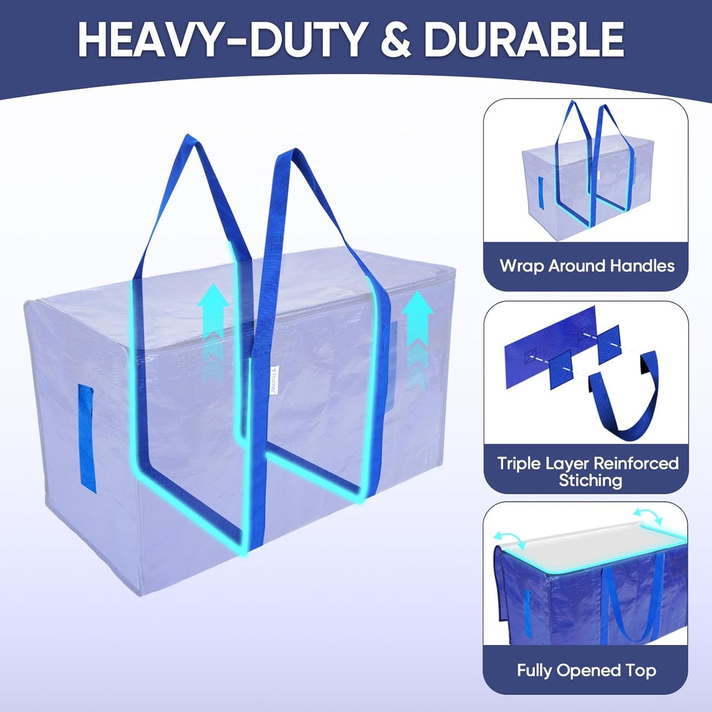 TICONN 6 Pack Extra Large Moving Bags with Zippers & Carrying Handles, Heavy-Duty Storage Tote Moving Boxes for Space Saving