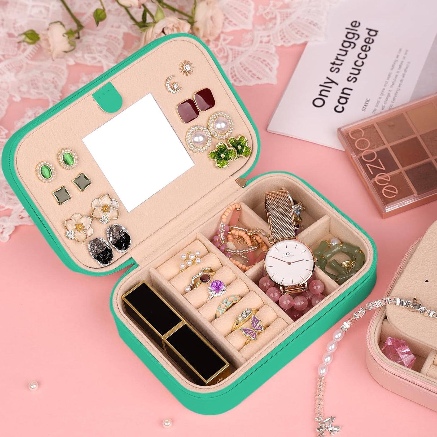 TopPerfekt Travel Jewelry Case, Jewelry Box with Mirror, Jewelry Organizer Bridal Shower Gifts to Her, Earring Storage Travel Case, Trendy Gift for Women and Girls, Girlfriend-Letter M, Green
