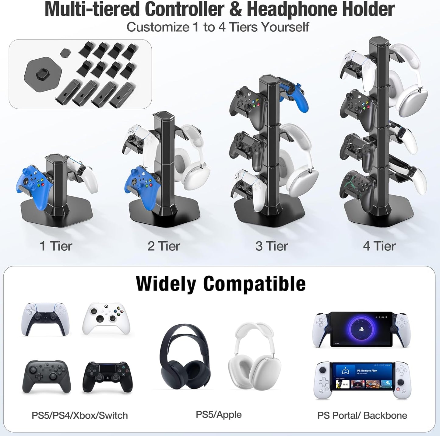 Controller & Headset Holder Stand for Desk, with Charger Cable Organizer Headphone Stand for PS5/ Xbox/ PS4/ Switch, Metal Base Controller Hanger Hook for Storage Earphones, Game Console, Mobile Phone