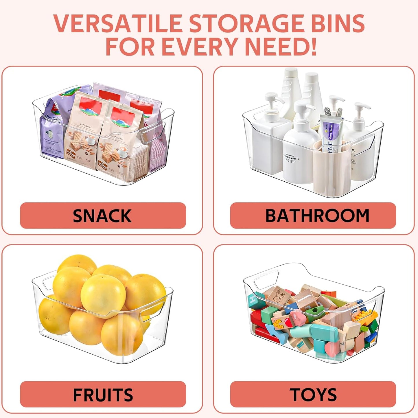 Clear Plastic Storage Bins - 12 Pack Pantry Organizers and Storage,Large Clear Pantry Organizer Bins, Plastic Containers with Handle for Kitchen,Freezer,Cabinet,Closet,Bathroom Under Sink