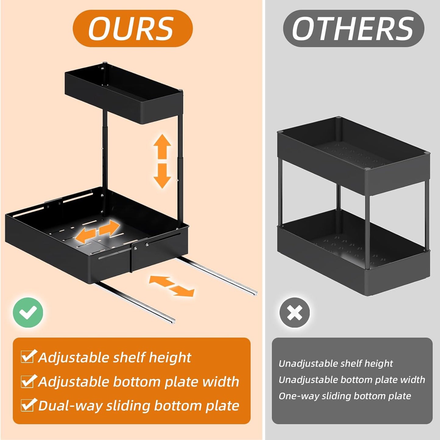 2Packs Under Sink Organizer with Adjustable Height and Width, Under Cabinet Organizer to Tidy, Sturdy Metal Design for Kitchen and Bathroom