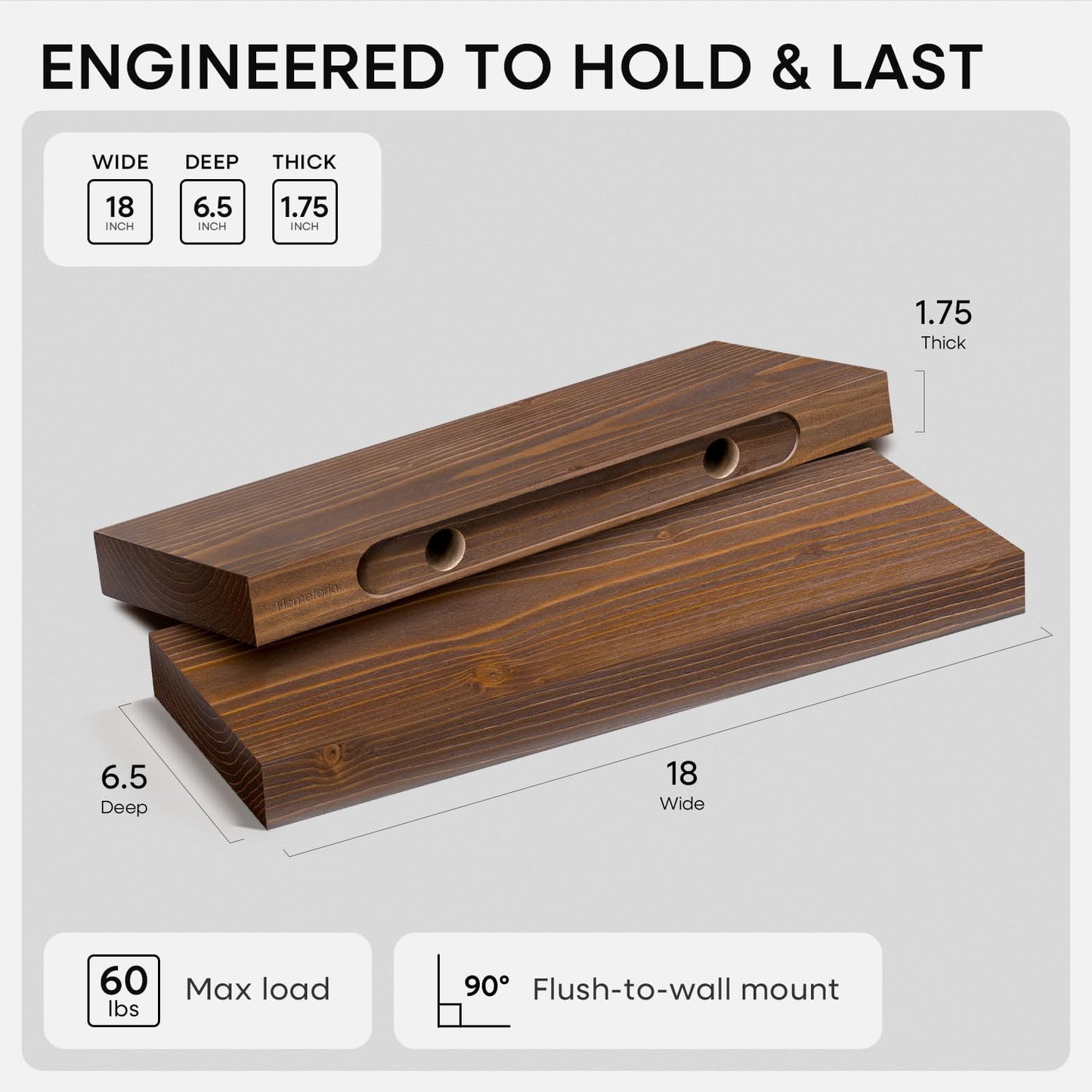 Homeforia Classic Walnut 18 inch Floating Shelf, High End Solid Real Wood Small 18inch Floating Shelves for Wall Mounted, 18in Floating Shelves, Heavy Duty Bracket, 18 X 6.5 X 1.75 inches, Set of 2
