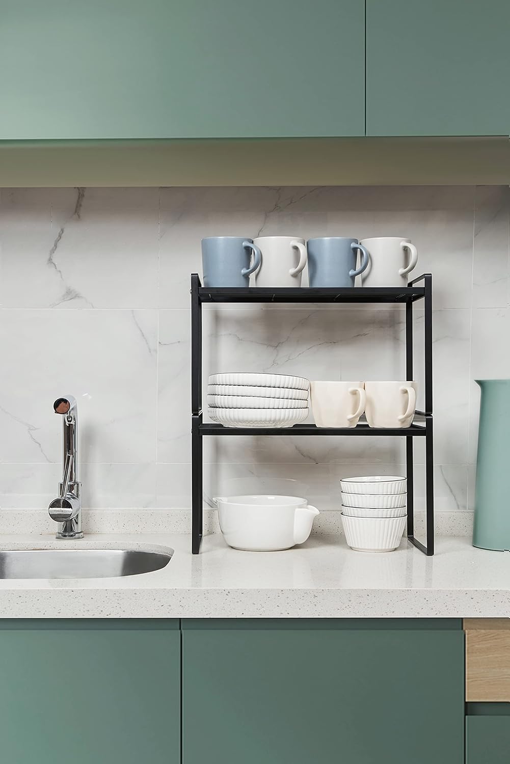 2Pack Cabinet Shelf Organizer Storage Rack Space Saving for Kitchen Counter Pantry Bathroom Cupboard Under Sink Office Table Steel Stackable Rust Resistant Heavy Duty Nonslip 16” Black - Tall