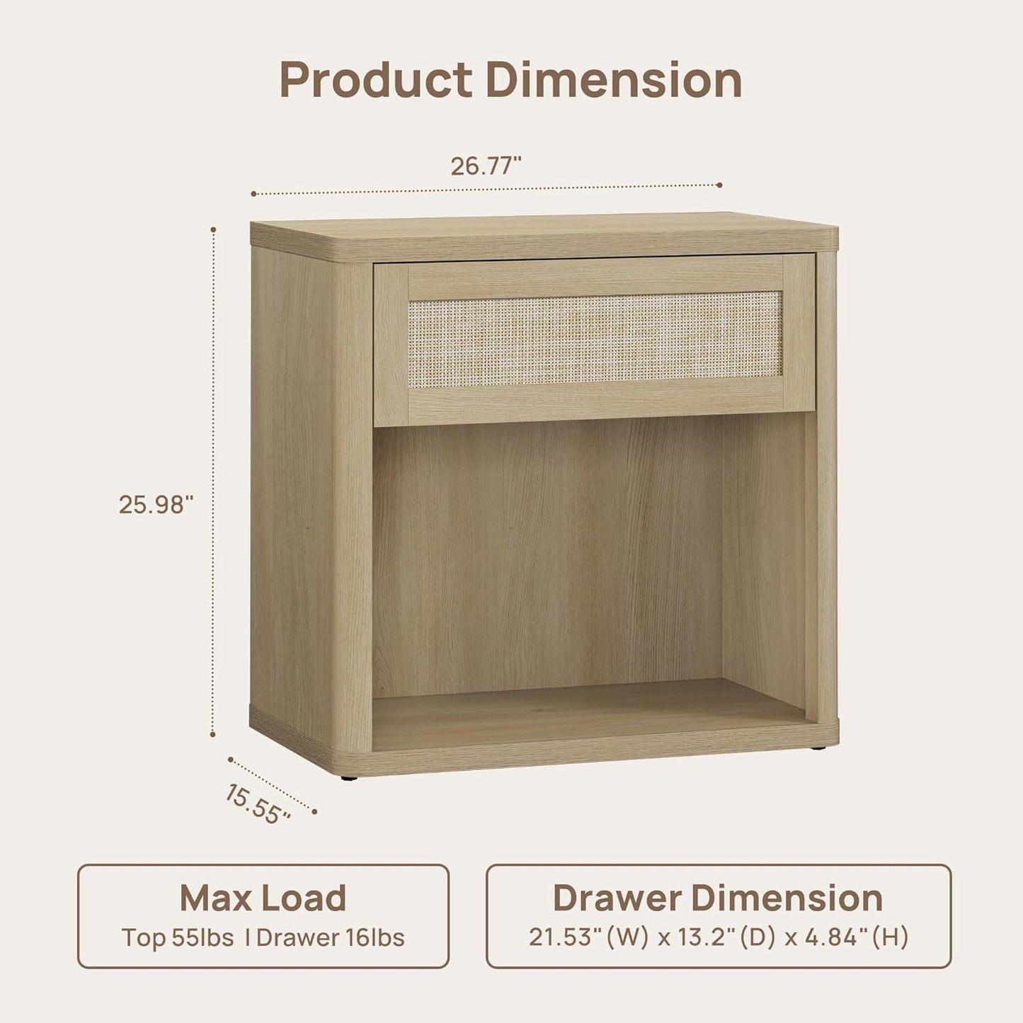 SICOTAS Night Stand 26" Wide Large Nightstands with Drawer & Shelf Storage Rattan Bedside Table Boho End Table Tall Bed Side Tables Night Stands for Bedroom Living Room Sofa Office Dorm, Sand Oak