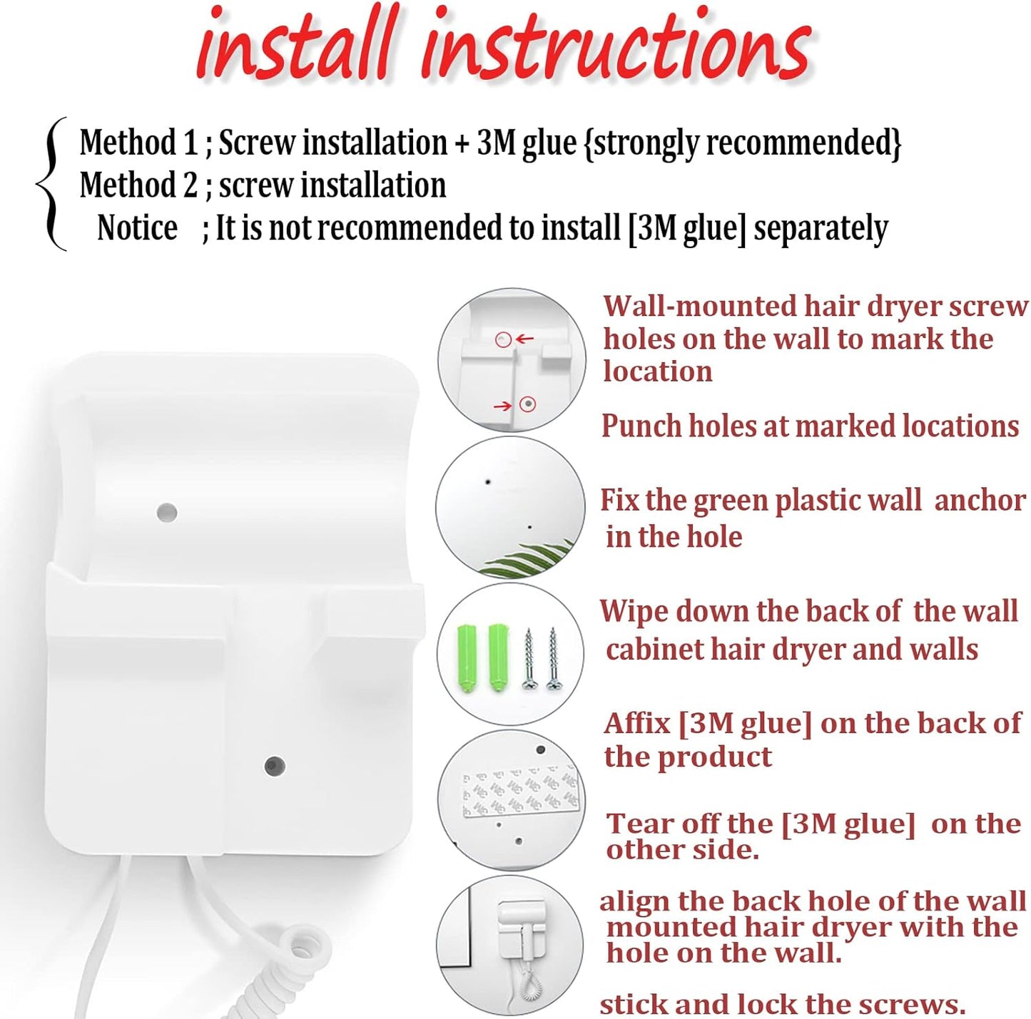 Hotel Wall Mounted Hair Dryer for Bathroom,Restroom Professional Blow Dryer,with Stand Rack,Specialised Motor for Salon,Fast Drying - Gifts【Massage Comb,Screws+ Adhesive】 110V
