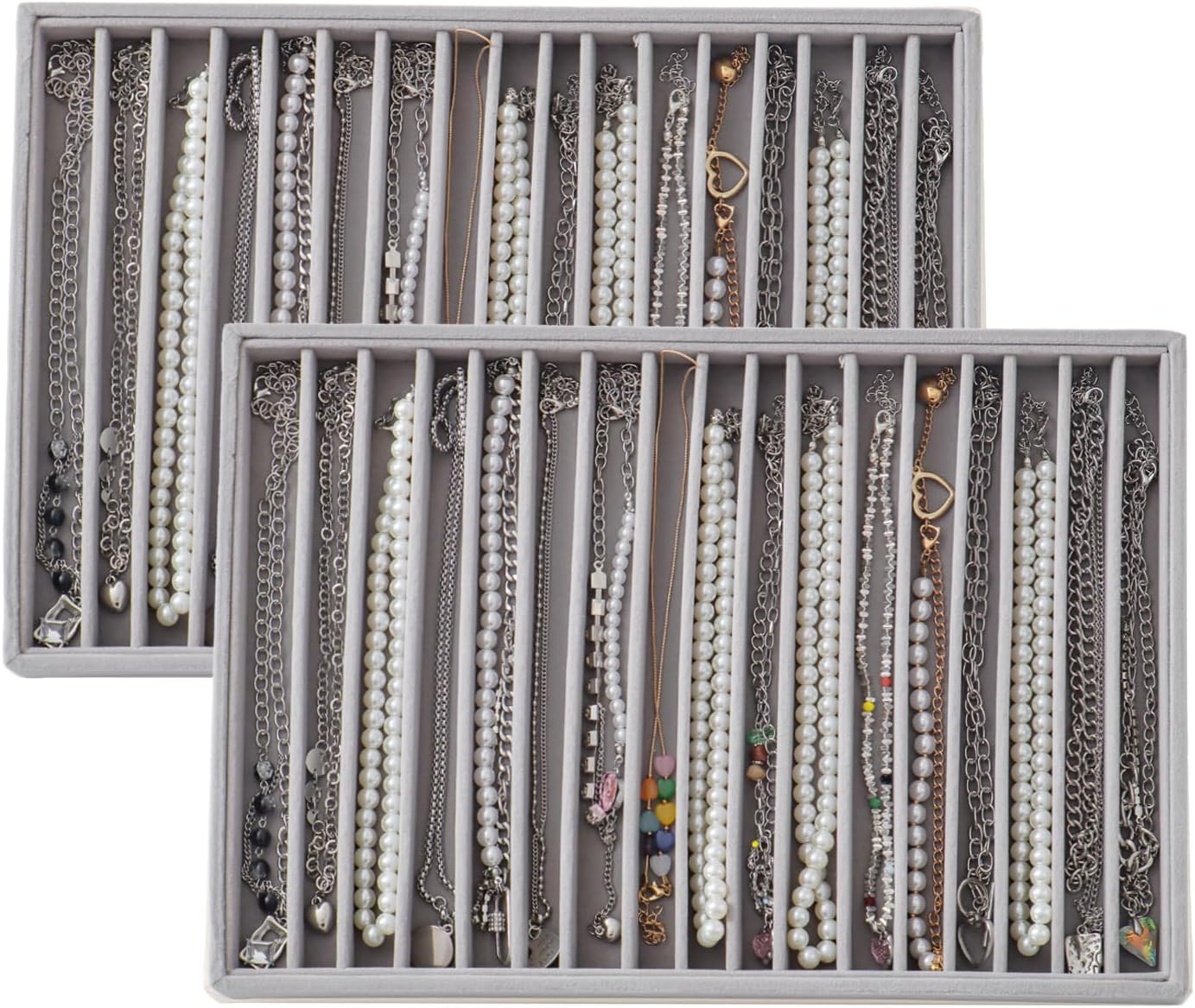 Large Velvet Jewelry Tray 2 Pack Stackable Jewelry Display Drawer Inserts Trays Organizer for Earring Bracelet Necklace Ring (Gray, 16 Grids)