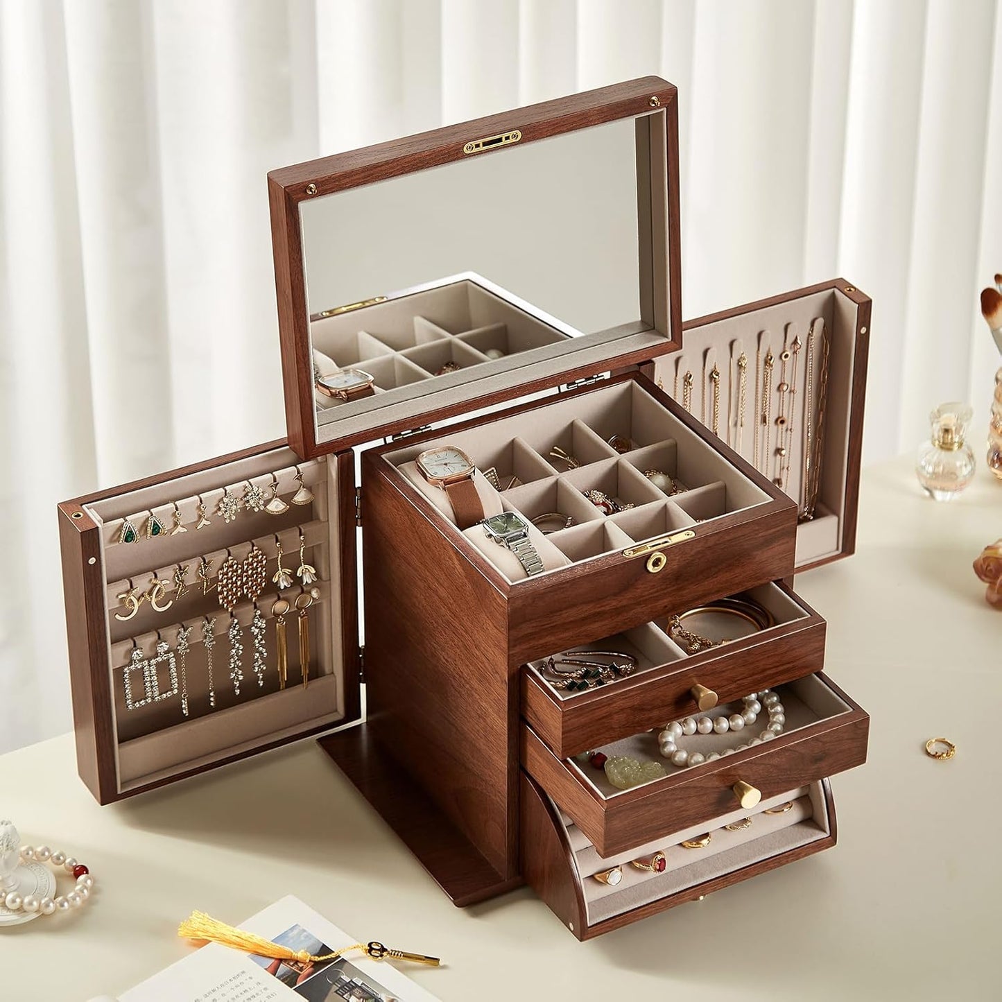 Black Walnut Wooden Jewelry Box, Wood Jewelry Organizer with 2 Side Doors Mirror Lockable Classical for Watch Necklace Ring Earring Storage Christmas Gifts-4 Layer with Curved Ring Grooves