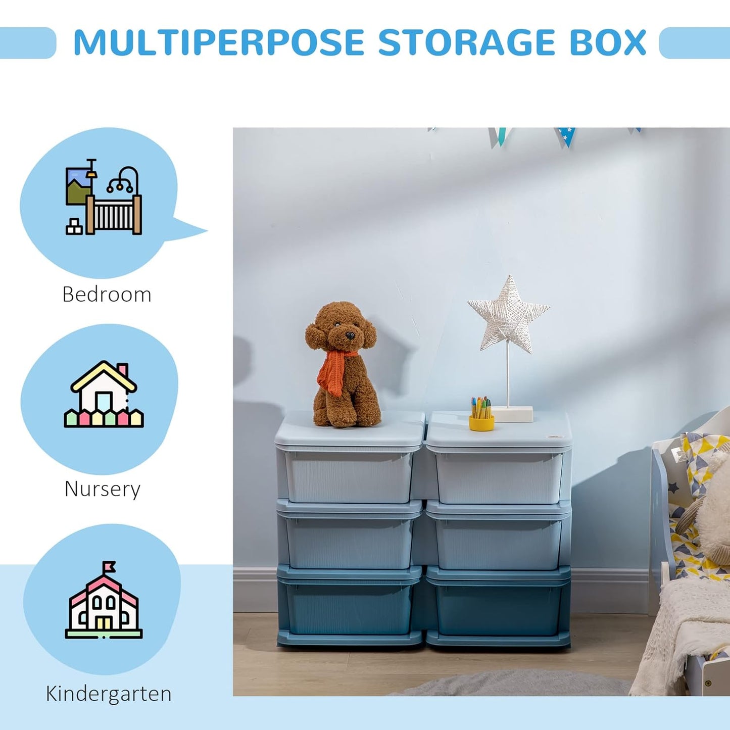 Qaba 3 Tier Kids Storage Unit, 6 Drawer Chest Toy Organizer Plastic Bins for Kids Bedroom Nursery Kindergarten Living Room for Boys Girls Toddlers, Blue