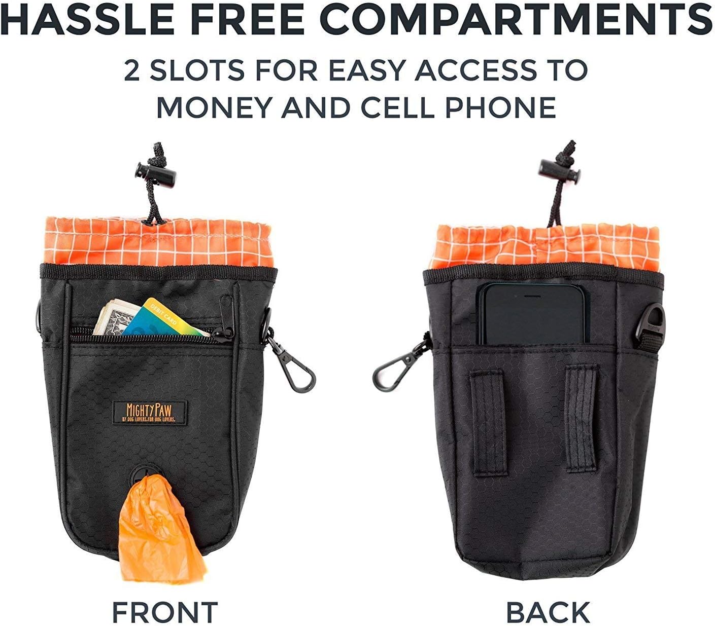 Mighty Paw Dog Treat Bag - Drawstring Closure Pouch - Includes Carabiner Hook and Pick-up Bags - With Reflective Belt - Dog Training Treats Pouch (Black)