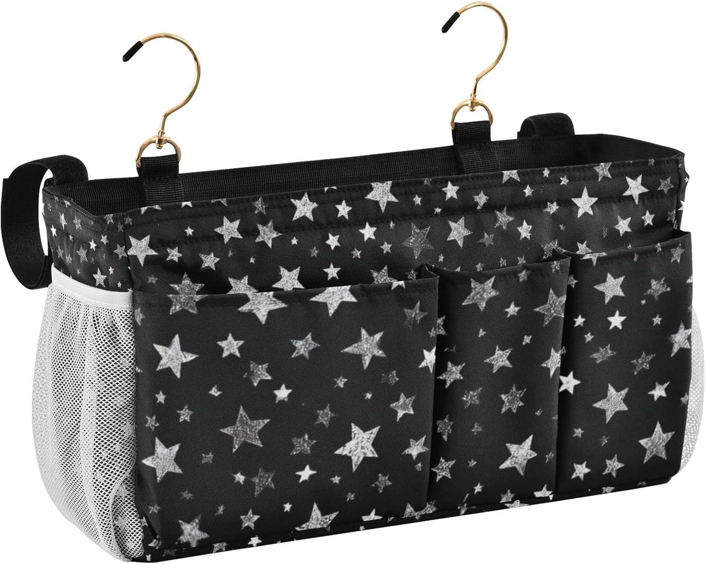 Sparkly Silver Stars Bedside Caddy for Dorm Bed Bedside Hanging Caddy Bag Iron Frame Storage Organizer Pocket for Bunk Home College Hospital Beds 2 Hooks
