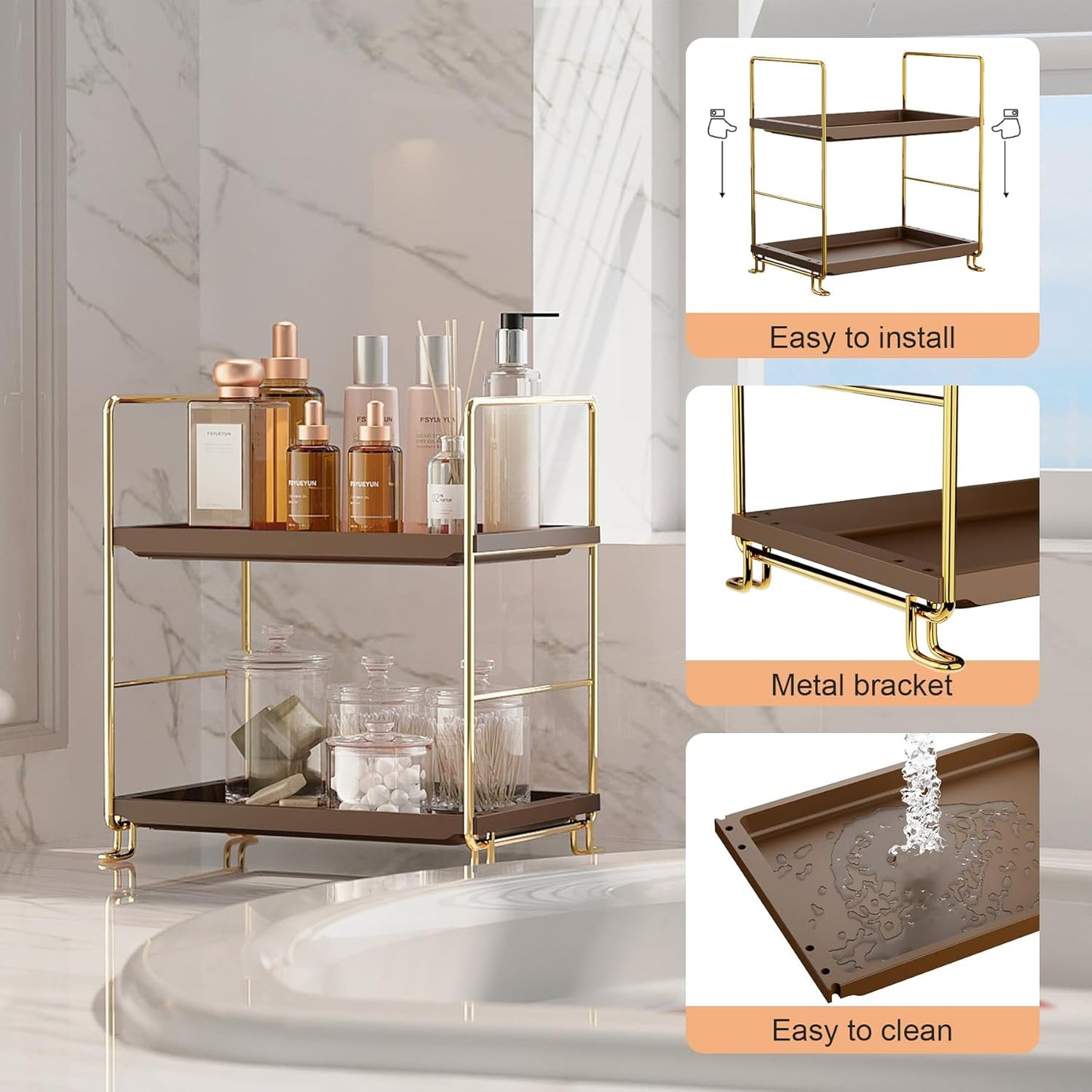 FSyueyun 2-Tier Bathroom Countertop Organizer,Bathroom Organizers and Storage with Tool-Less Installation, Premium Plastics for Makeup, Perfume, Skincare on Dresser Vanity Tray (Gold & Brown)
