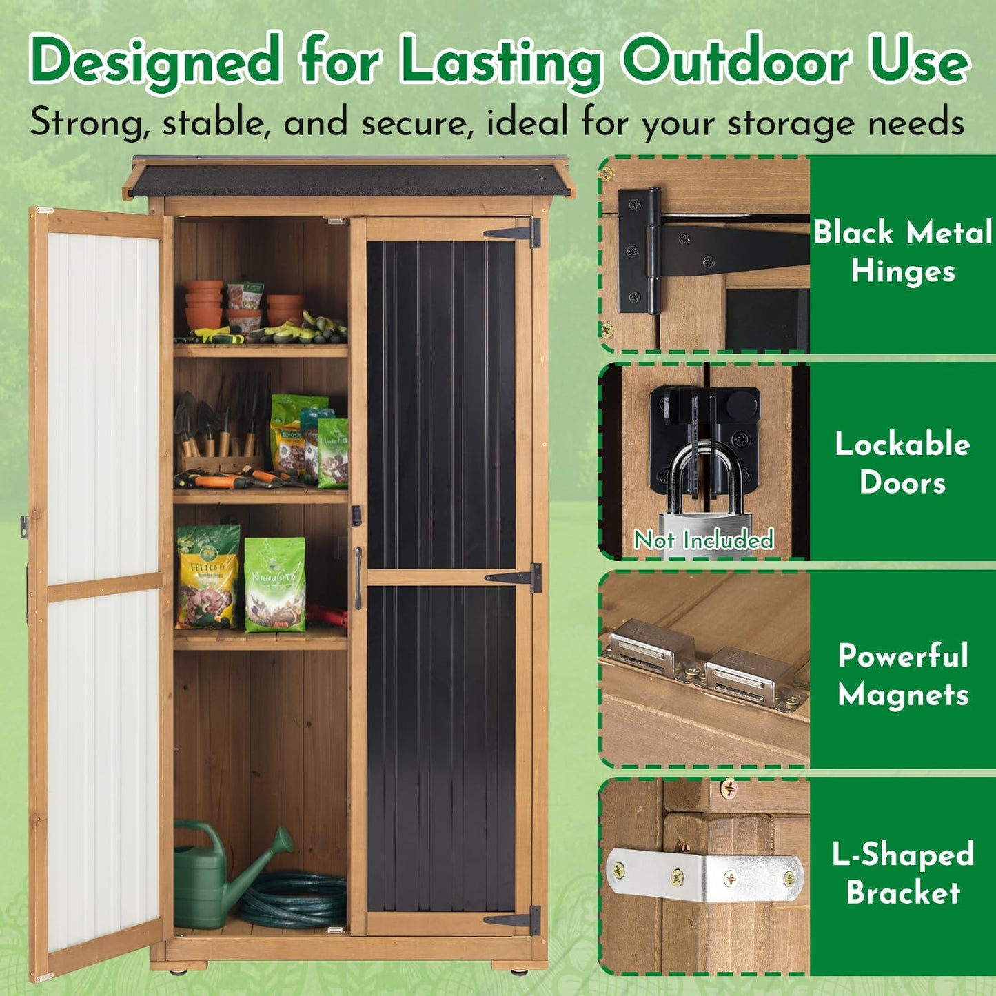Outdoor Storage Cabinet, Wood & Metal Garden Cabinet with 3 Adjustable Shelf, Weather-Resistant Roof, Lockable Doors & Adjustable Feet for Patio, Garden, Farm (33" L x 21" W x 69" H)