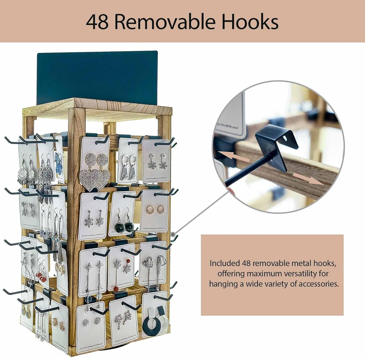 Wooden rotating Jewelry Display Stand with Removable 48 Hooks advertising board, For Earring Cards necklace bracelet Keychain Jewelry Organizer For Selling For vendor events (brown)