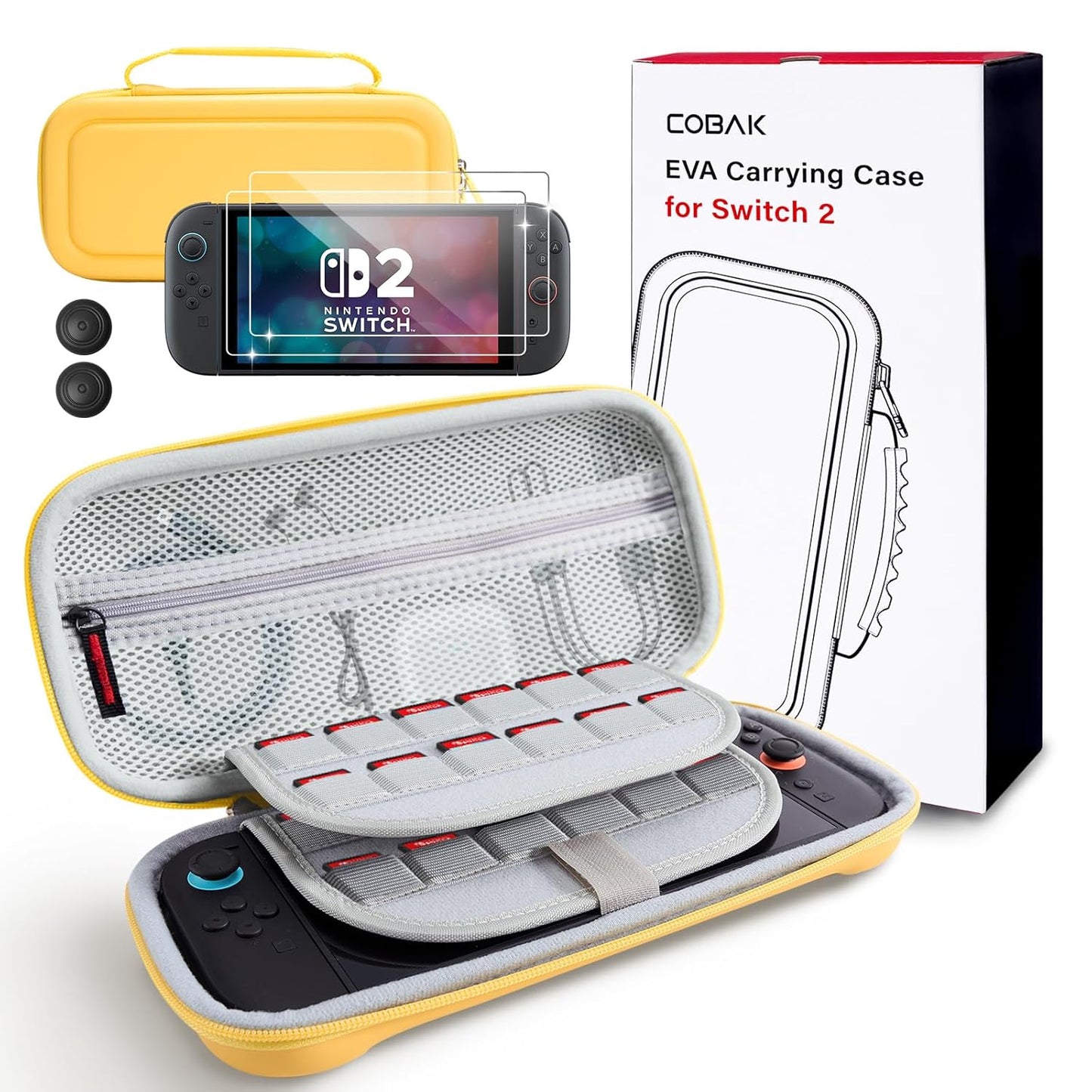 CoBak Large Capacity Carrying Case for Nintendo Switch 2 (2025) - 3 in 1 Accessories Bundle with 2 Screen Protectors, Thumb Grip Caps, 24 Game Cartridges, Hard Shell Portable Travel Pouch, Yellow