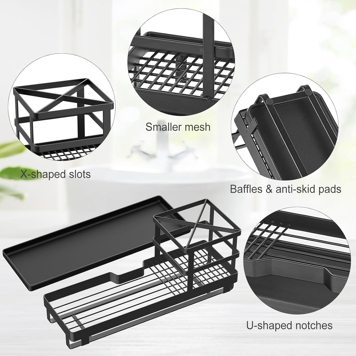 MYITYARD Toothbrush Holders for Bathrooms, Cotton Swabs & Cups Dispenser Set - Metal Electric Tooth Brushing & Toothpaste Countertop Organizer with Drainage for Shower, Sink - Black