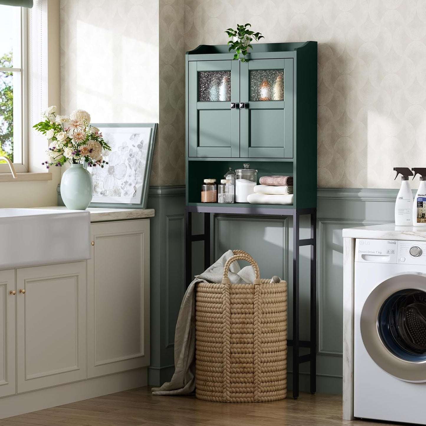 Over The Toilet Storage, Bathroom Over The Toilet Organizer, Above Toilet Storage with Double Doors and Soft Hinges Over Toilet Storage Shelf Over The Toilet Storage Cabinet (Forest Green)
