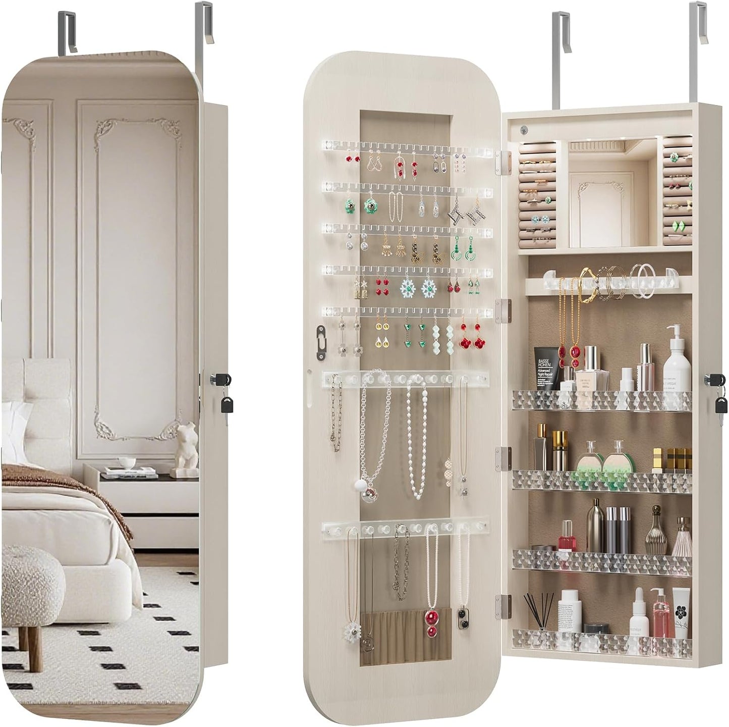 Montary Door or Wall-Mounted Jewelry Cabinet with Full-Length Mirror - Lockable Storage Organizer with Built-In LED Lighting, Hidden Jewelry Armoire for Bedroom & Closet, White