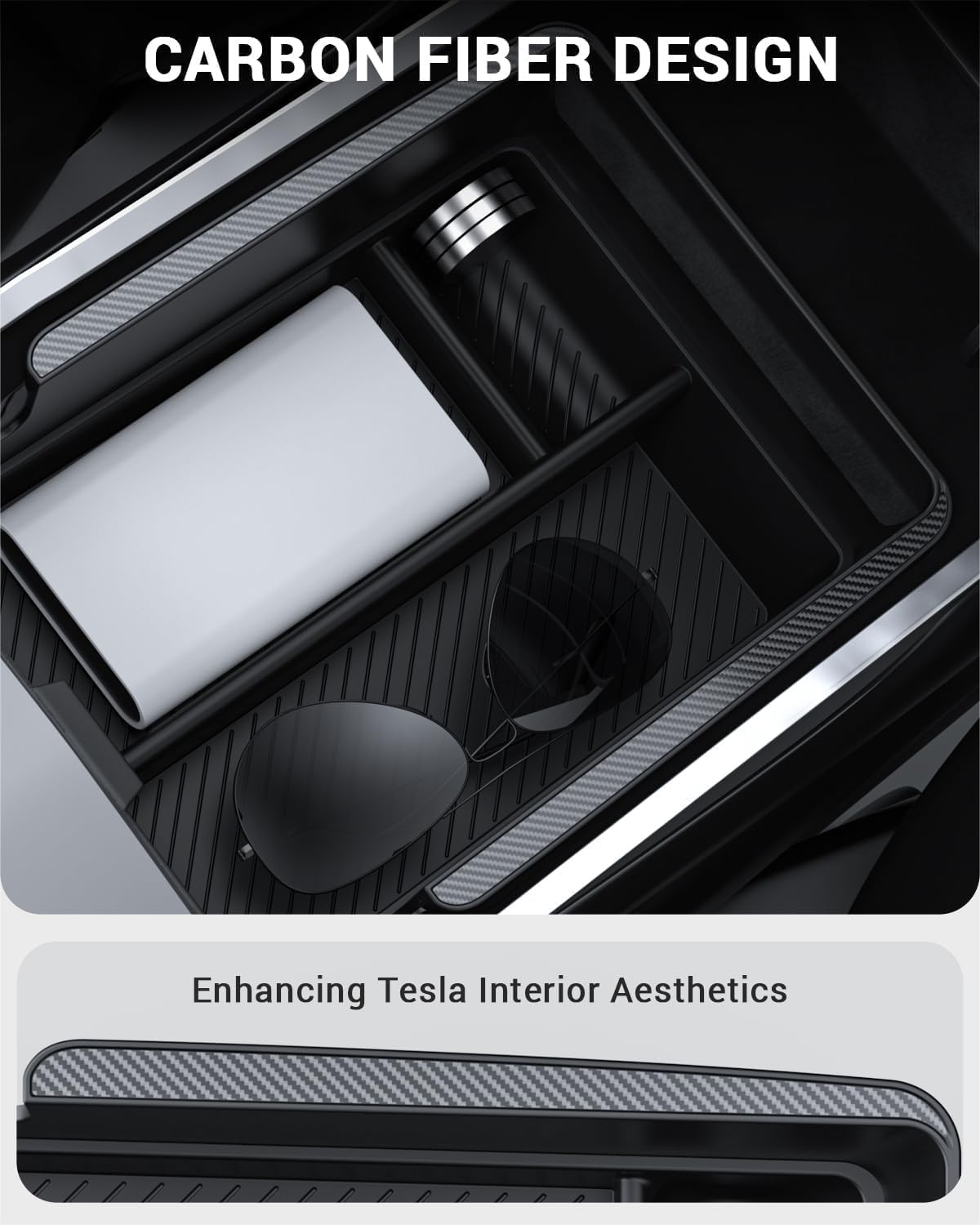 BASENOR 2021-2024 Tesla Model Y Model 3 Armrest Storage Box (Carbon Edition) Console Organizer Tray for 2021-2023 Model 3 2021-2024 Model Y Interior Accessories