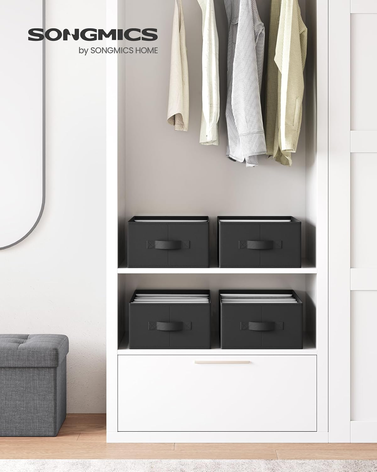 SONGMICS Set of 4 Large Size Wardrobe Clothes Organizers, 6-Compartment Foldable Drawer Organizers with Handles, 16.5 x 11.8 x 6.7 Inches, for Pants, Sweaters, Jeans, Ink Black URUS009B04
