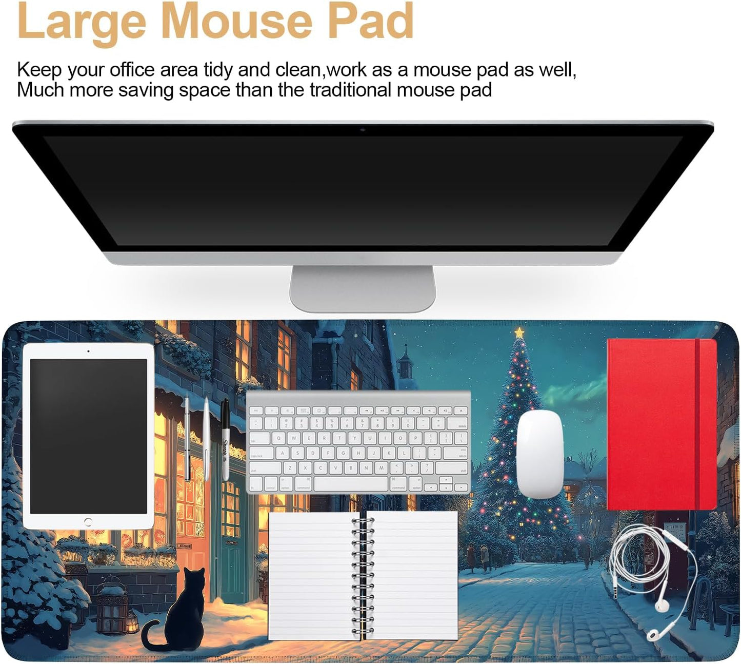 Large Extended Gaming Mouse Pad - Winter Christmas Night Scene, Soft Fabric Desk Mat with Non-Slip Rubber Base, Extra Long Mousepad for Gaming, Office, Keyboard & Mouse, 35.43 x 15.75 in
