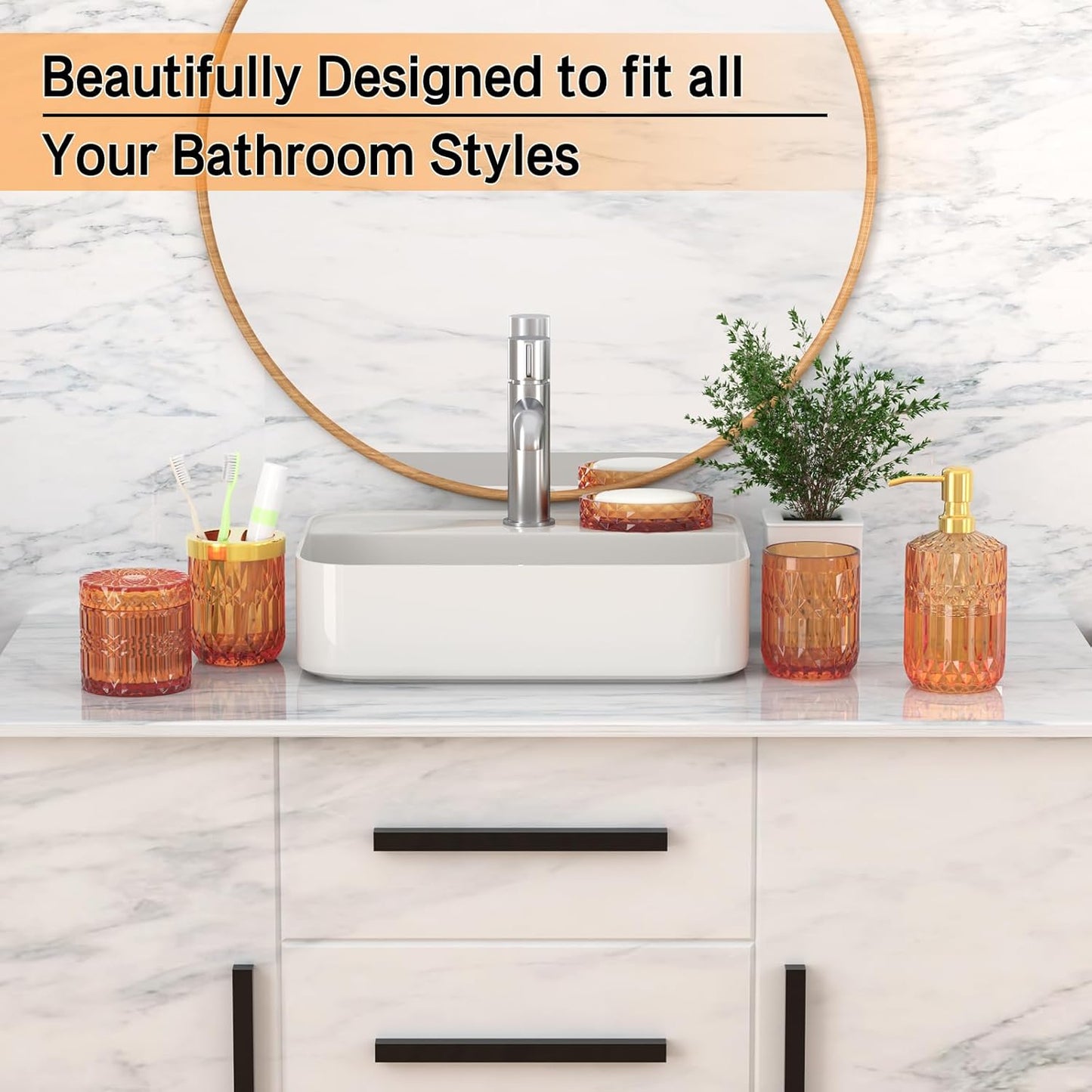 Orange Bathroom Accessories Set, 5 Pcs Clear Glass Bathroom Accessories with Lotion Soap Dispenser, Soap Dish, Toothbrush Holder, Tumbler, Cotton Swab Jars