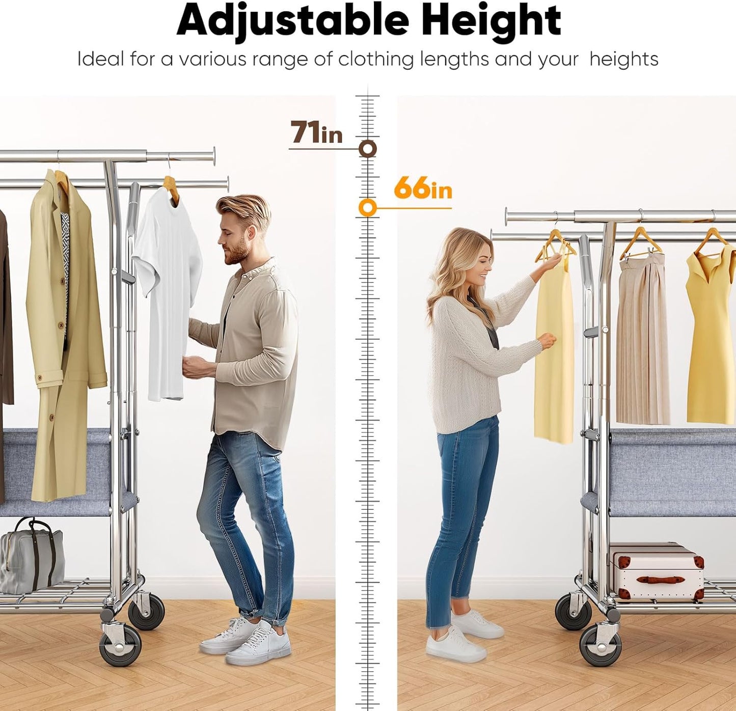 HOKEEPER Clothing Rack Heavy Duty Clothes Rack for Hanging Clothes Load 625LBS Extendable Double Rod Clothes Rack, Adjustable Rolling Garment Rack with Wheels, Basket & Shelves 71.2''W*23.6''D*68.5''H