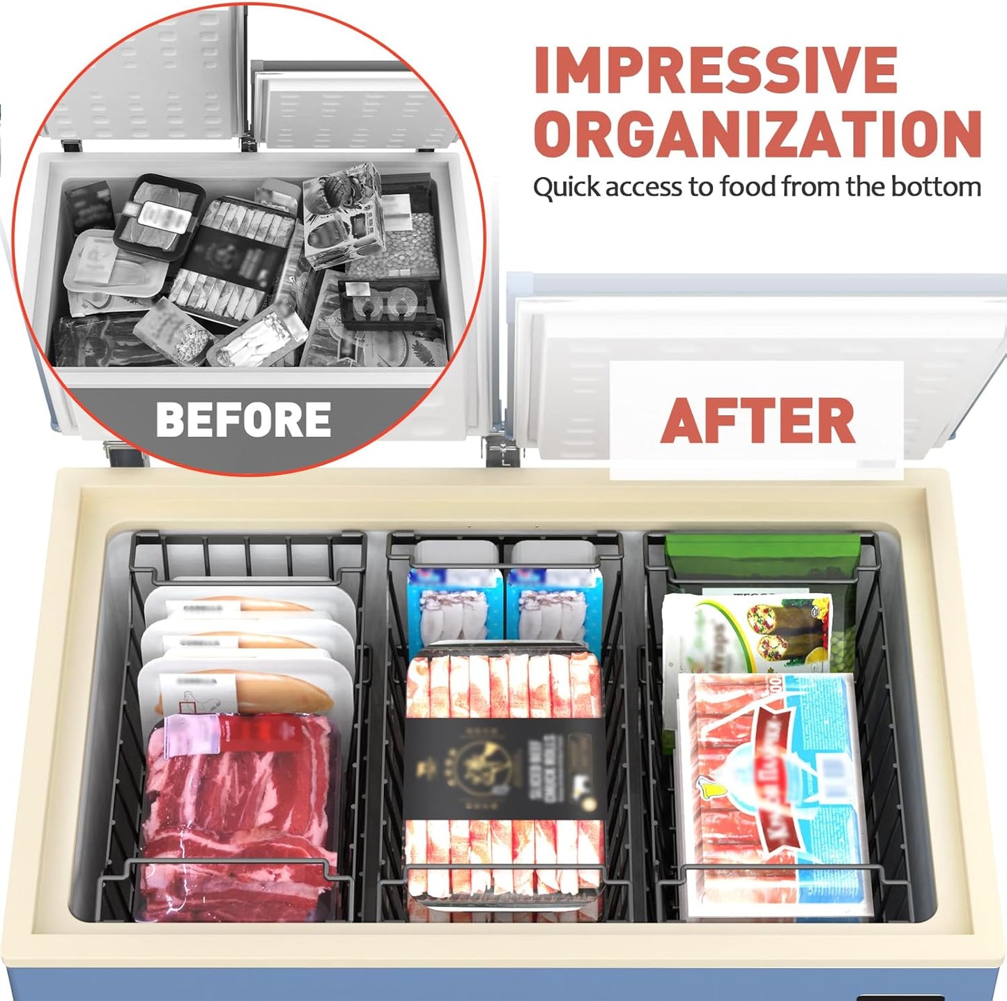 Goovilla Freezer Organizer Bins with Foldable Handle, 4 Pack Stackable Freezer Baskets for 3.5-7 Cu.FT Deep Chest Freezer Organization, Coated Metal Freezer Storage Bins with Better Space Utilization