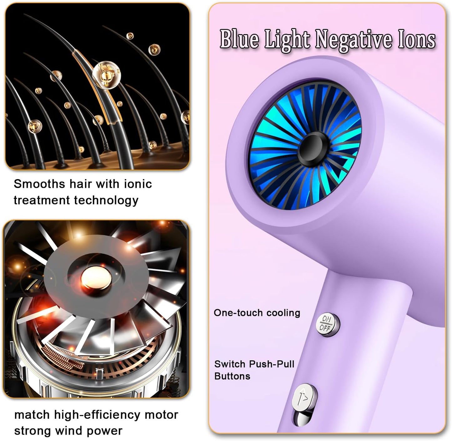 Salon Styling Hair Dryer with Wall Holder【Blue Light Negative Ions】 Fast Drying，High Power HairDryer for Home & Travel【Equipped 360 Rotatable Blow Dryer Stand 】 110V Matte Texture - Roland Purple