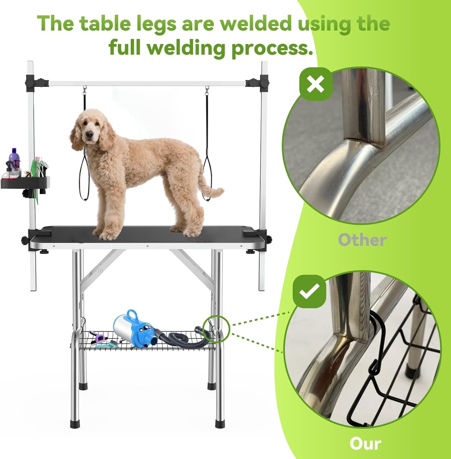 46" Large Dog Grooming Table, Non-Slip Tabletop with Adjustable Armrests, Lasso, Tool Organizer, Grid Tray, Foldable Home Pet Station, Maximum Weight Capacity 330 lbs,Blue