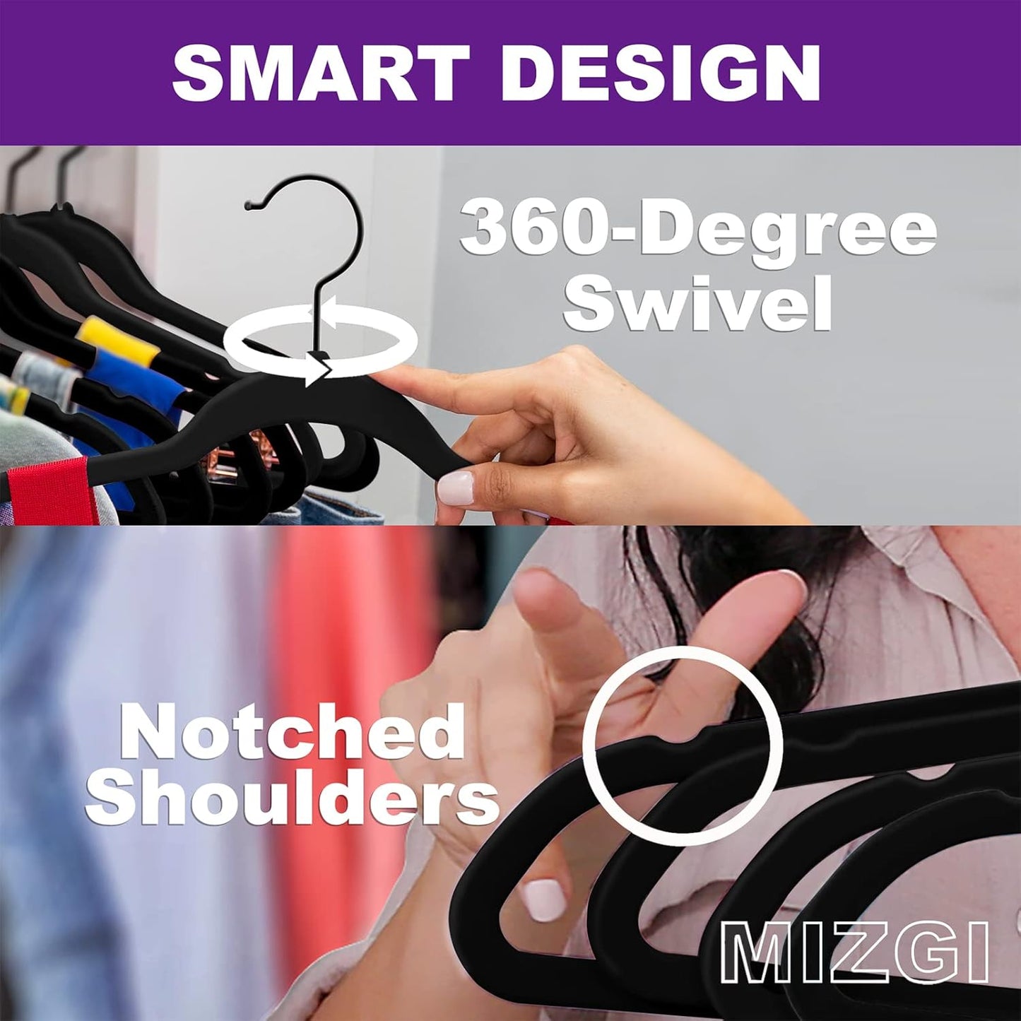 MIZGI Premium All Black Velvet Hangers with Black Hooks (50 Pack) Heavy Duty - Non Slip Felt Hangers - 360 Degree Swivel,Space Saving Clothes Hangers,Durable Strong Hanger for Suits,Coat