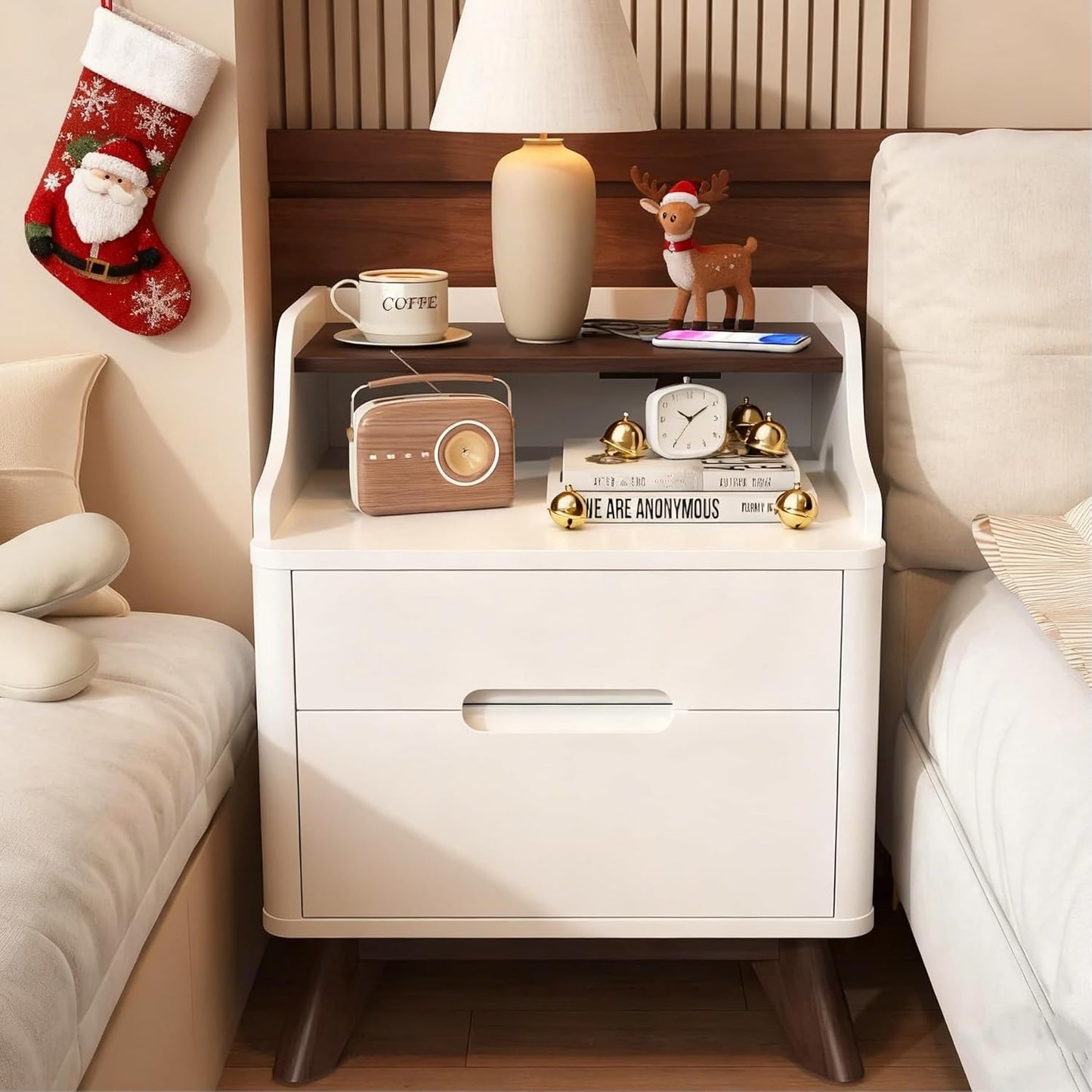 Nightstand with Charging Station, 21" Tall Nightstand w/2 Storage Drawers, Wood Night Stand with Hidden Handle, 17'' Wide Modern Bedside Table for Bedroom, White