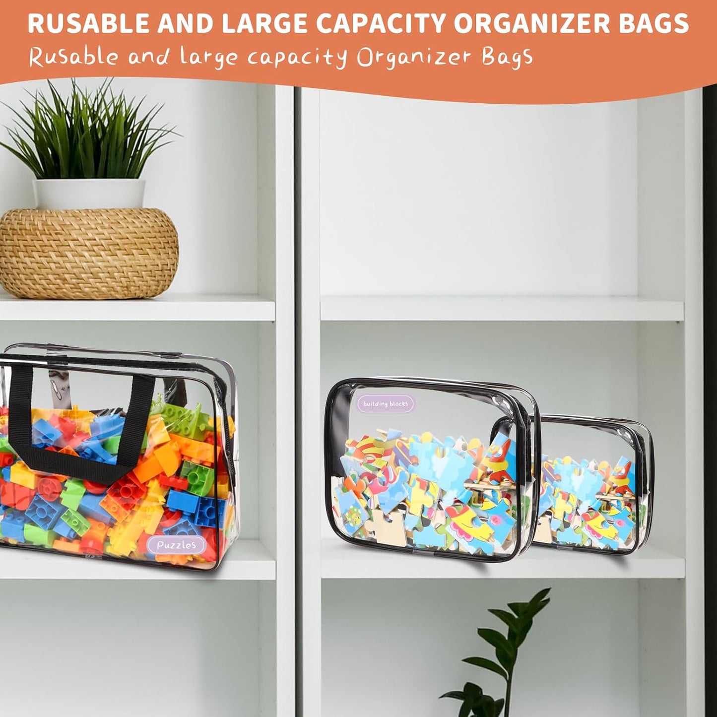 18 Packs Toy Storage Bags with Labels, Clear PVC Puzzle Storage Bags, Waterproof Travel Toy Organizer Bags with Zipper for Building Blocks Kids Books (3 Size)