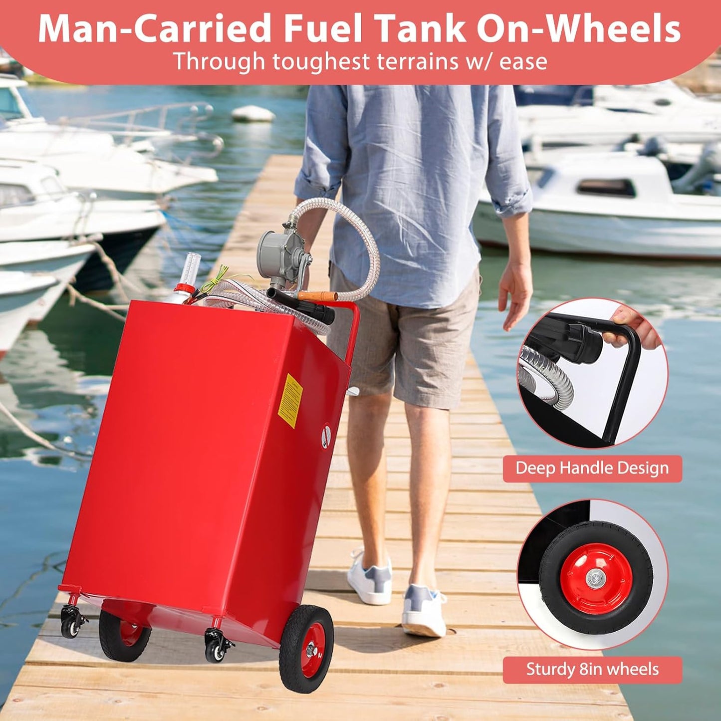 30 Gallon Gas & Diesel Fuel Caddy with Transfer Pump – Mobile Fuel Storage Tank with 4-Wheel Cart for Boats, Lawn Mowers, Snowblowers, Motorcycles & Construction Equipment - Red