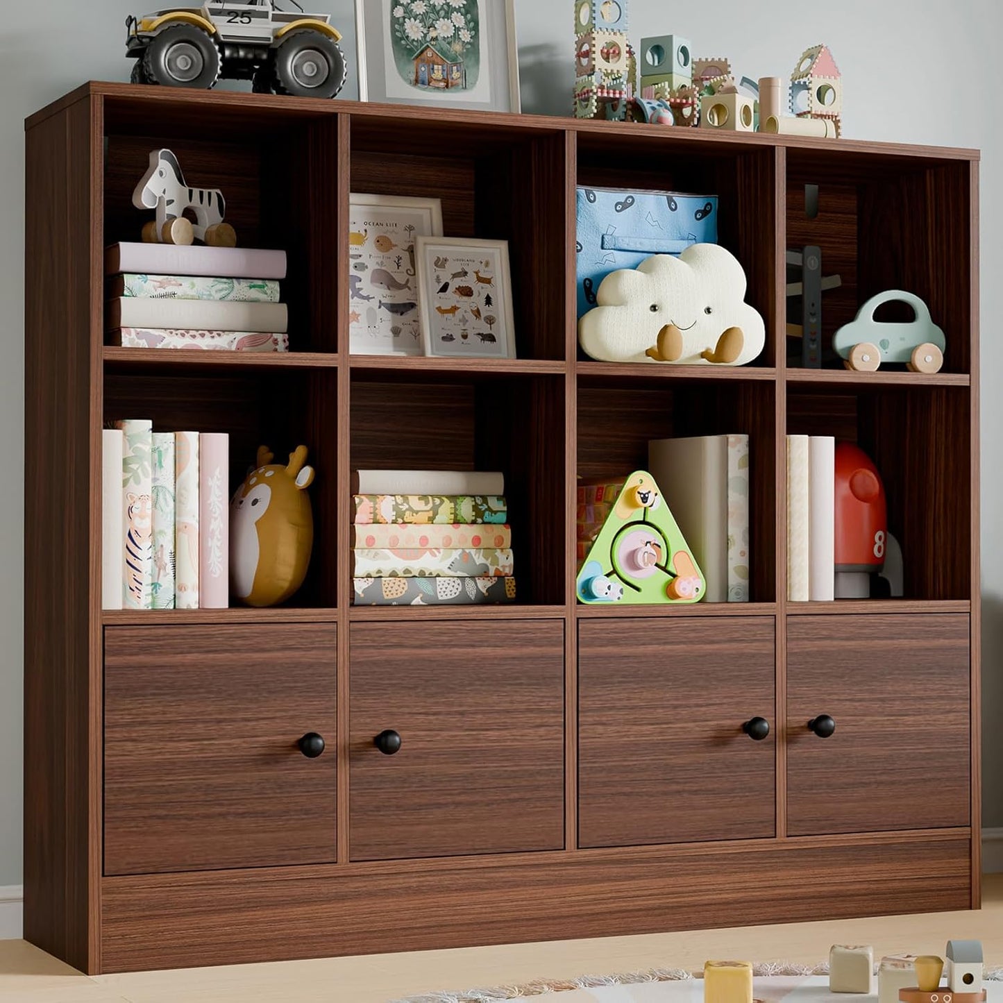 Cozy Castle Brown Wood Bookcase,12 Cube Storage Organizer Bookshelf with 4 Doors,3 Tier Storage Cabinet with Adjustable Shelves for Bedroom, Living Room, Office