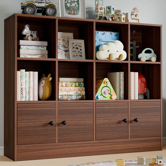 Cozy Castle Brown Wood Bookcase,12 Cube Storage Organizer Bookshelf with 4 Doors,3 Tier Storage Cabinet with Adjustable Shelves for Bedroom, Living Room, Office