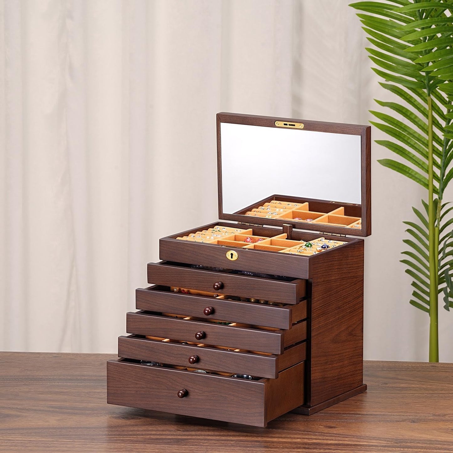 Vintage Rustic Wooden Jewelry Organizer boxes with 5 Drawers & Lock | Large Storage Box for Necklaces, Rings, Earrings | Handcrafted Gift for Women